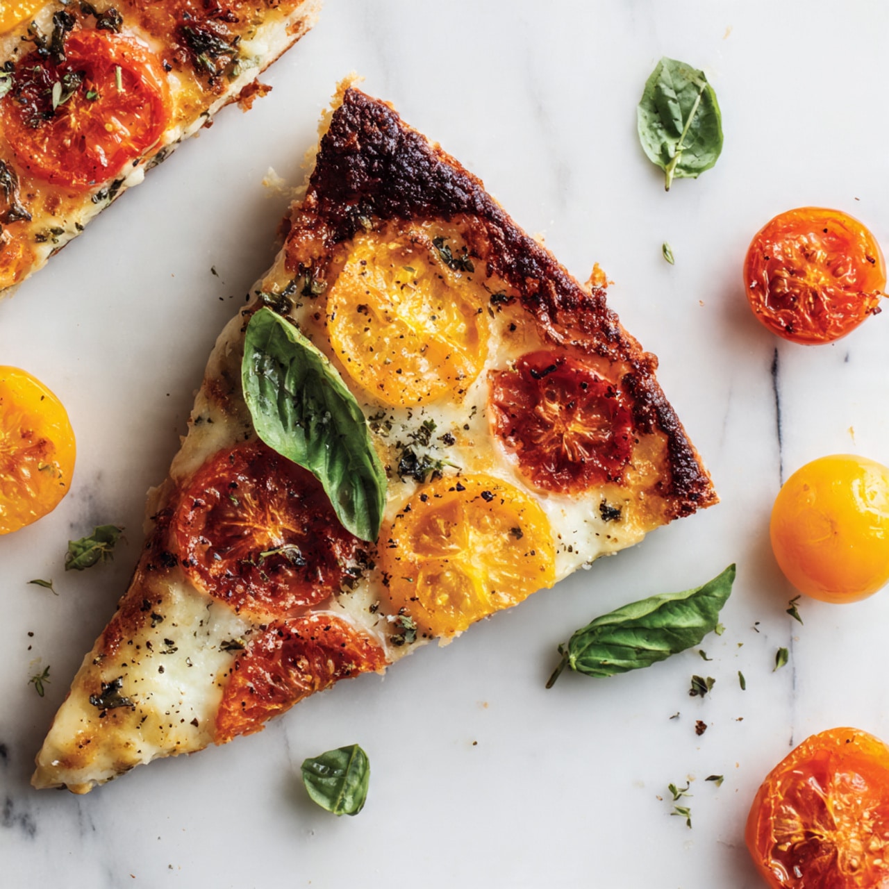 A white pizza crust base with a layer of bright red tomato sauce spread evenly, topped with melted golden-yellow cheese that has slightly browned spots. On top, there are halved small cherry tomatoes in red, yellow, and orange colors scattered across the pizza, with fresh green basil leaves placed on several slices. The pizza is cut into five slices, sitting on a white marbled surface with a clear drink in a glass and more scattered cherry tomatoes and basil leaves around. photo taken with an iphone --ar 4:5 --v 7