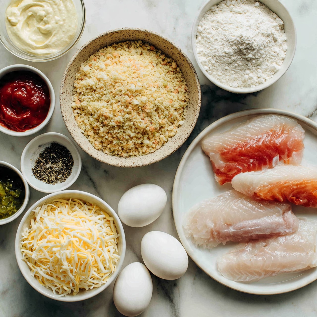 A white plate on the bottom right holds several raw fish fillets with light pink and red tones, some pieces stacked lightly. To the left, a textured beige bowl is filled with light golden breadcrumbs, showing a grainy texture. Above this, a white bowl is filled with fine white flour. Next to it on the right is a white bowl filled with shredded pale yellow cheese. On the upper left side, a white bowl contains a pale yellow creamy sauce, and nearby another white bowl holds a thick white creamy substance. Between the two bowls are smaller white dishes: one with bright red ketchup, one with green relish, one with yellow mustard, one with black ground pepper, and one with white salt. Two whole white eggs rest near the cheese bowl. All items are set on a white marbled surface. Photo taken with an iphone --ar 4:5 --v 7