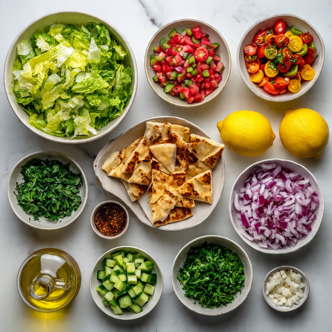 The image shows an overhead view of many white bowls and small dishes on a white marbled surface, each filled with different fresh ingredients for a salad. At the top left, a large white bowl holds chopped light green lettuce leaves with a leafy texture. Below it, a smaller white bowl has pieces of toasted pita bread, golden brown and crisp. To the right of these, two whole yellow lemons sit near the center. Around them are small bowls containing chopped bright red tomatoes, chopped light purple onions, sliced dark green scallions, vibrant green bell peppers, diced light green cucumbers, finely chopped green parsley, and small chopped radishes with white and red colors. There are also two tiny dishes with dark red spices and a very small dish with chopped white garlic. A clear glass bottle with yellow oil is placed near the lemons. Everything is neatly arranged and colorful, showing fresh textures and vibrant colors of raw vegetables and seasonings. Photo taken with an iphone --ar 4:5 --v 7
