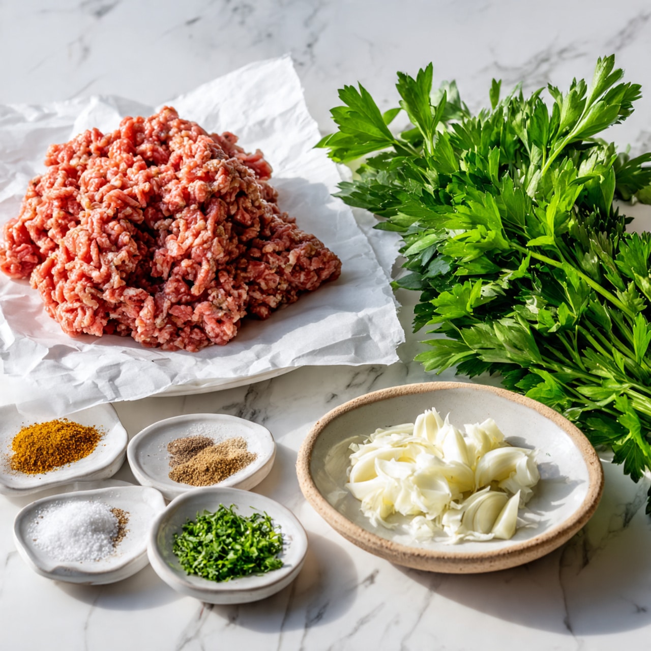 The image shows raw ground meat placed on white parchment paper on a white marbled surface. Next to it is a white plate with six different spices in separate small piles, showing various colors like brown, white, and green. There are two small white and light brown bowls, one filled with a white creamy substance and the other with crushed garlic. A large bunch of fresh green parsley sits on the right side of the image. The whole setup is bright and clear, with fresh ingredients arranged neatly. photo taken with an iphone --ar 4:5 --v 7