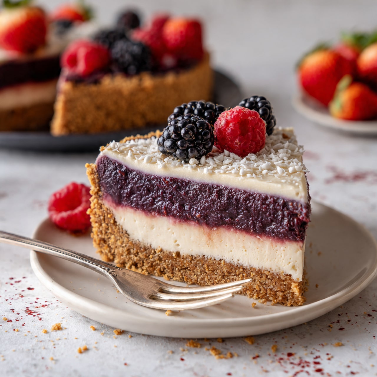 A tart with three visible layers sits on a white marbled surface: the bottom crust is golden brown and crumbly, the middle layer is a dark red berry filling, and the top layer is smooth and creamy pale yellow. The tart is decorated on one side with fresh berries including strawberries, raspberries, and blackberries. Some small red crumbs and white shavings are sprinkled on the top layer and on the plate. A slice is removed, showing the layers clearly. There is a white fork with a woman's hand in the corner, and a black plate and fork nearby. Photo taken with an iphone --ar 4:5 --v 7