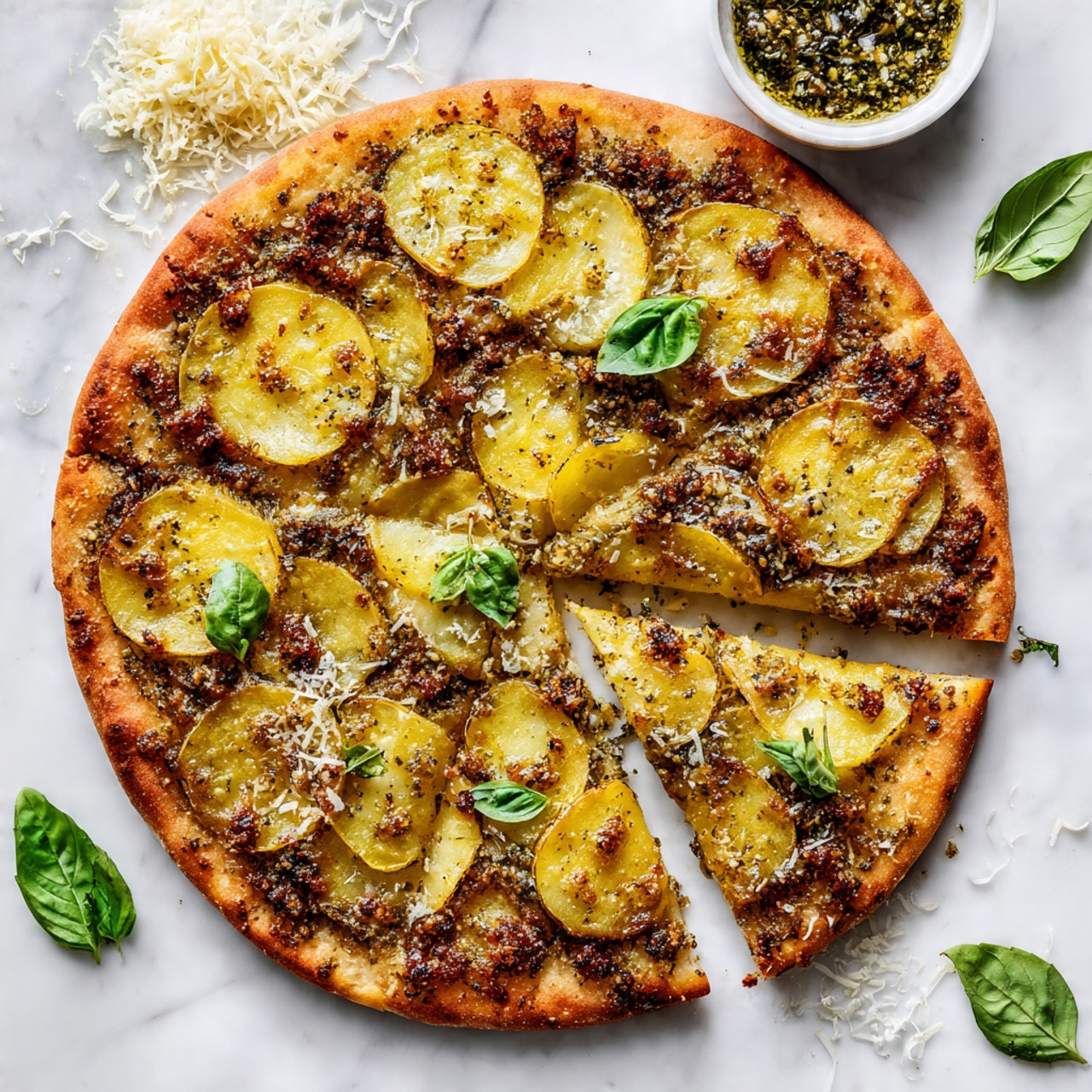 A round pizza cut into six slices sits on a white marbled surface. The crust is thick and golden brown with a soft texture. On top, there are thin, round slices of yellowish potatoes spread evenly, covering the whole pizza in one layer. Underneath the potatoes, there is a green pesto sauce that peeks through, giving a textured, herb-filled look. Small browned spots of melted cheese add a slightly crispy texture on the surface. Fresh green basil leaves are placed sparingly on some slices, adding a fresh pop of color. Above the pizza, a small white bowl filled with green pesto and some scattered basil leaves and shredded cheese frame the scene. Photo taken with an iphone --ar 4:5 --v 7