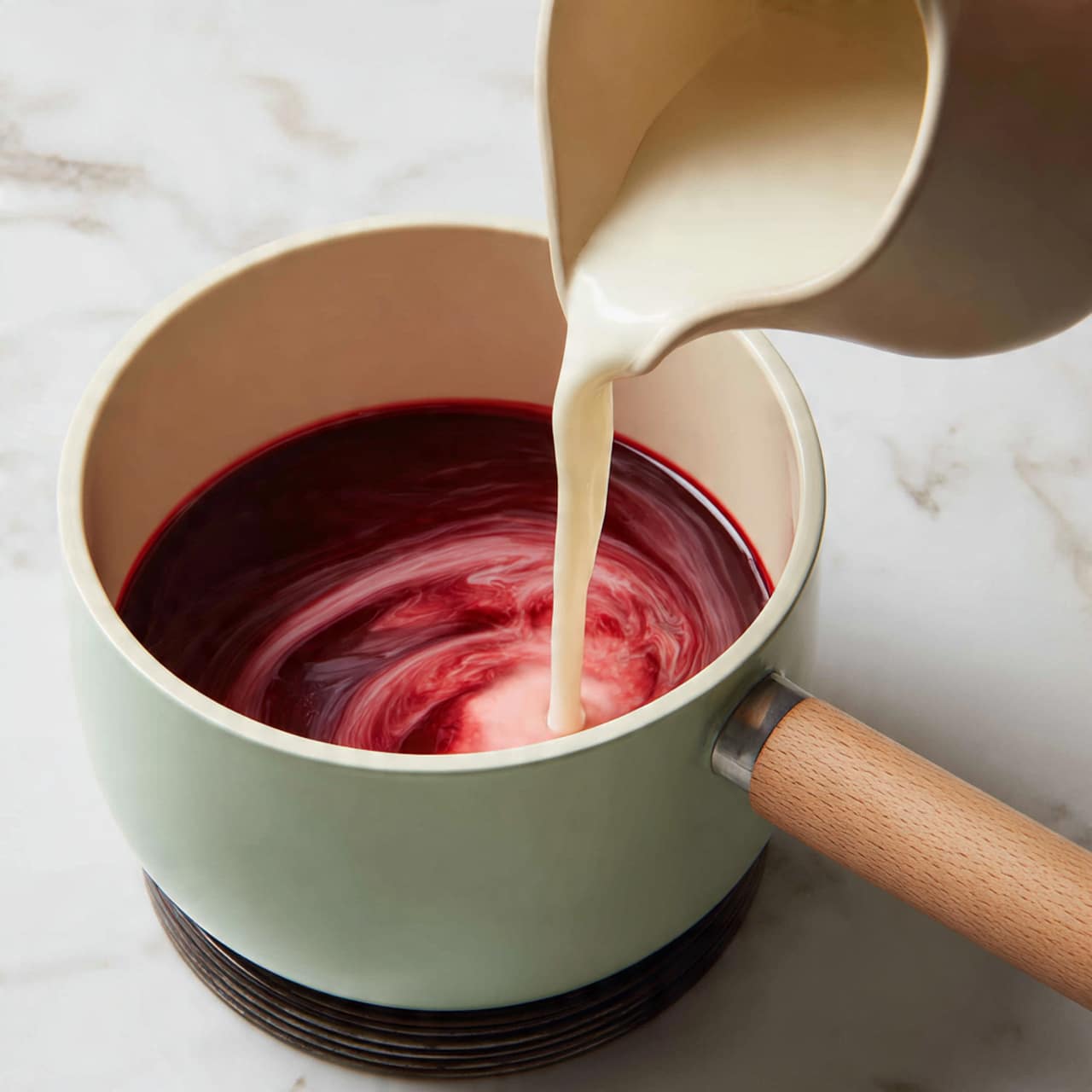A pale green pot with a wood-colored handle sits on a stovetop with a dark coil. Inside the pot, a deep red liquid fills the bottom layer, smooth and shiny. A white liquid is being poured into the pot from a light beige pitcher held by a woman's hand, creating a swirling mix where the liquids meet. The background shows a white marbled texture, bright and clean. photo taken with an iphone --ar 4:5 --v 7