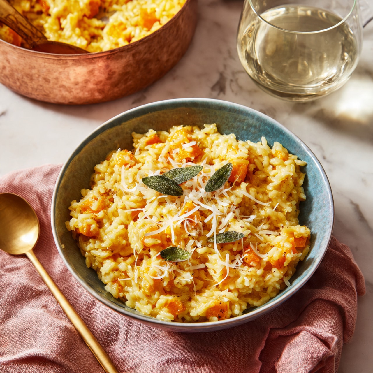 A blue bowl filled with creamy orange-yellow risotto with visible small pieces of pumpkin, topped with shredded white cheese and a few small green sage leaves, sitting on a soft pink cloth next to a gold spoon on a white marbled surface; behind the bowl, a copper pot containing more risotto is partially visible, along with a clear glass of white liquid on the right side, all under soft natural light, photo taken with an iphone --ar 4:5 --v 7
