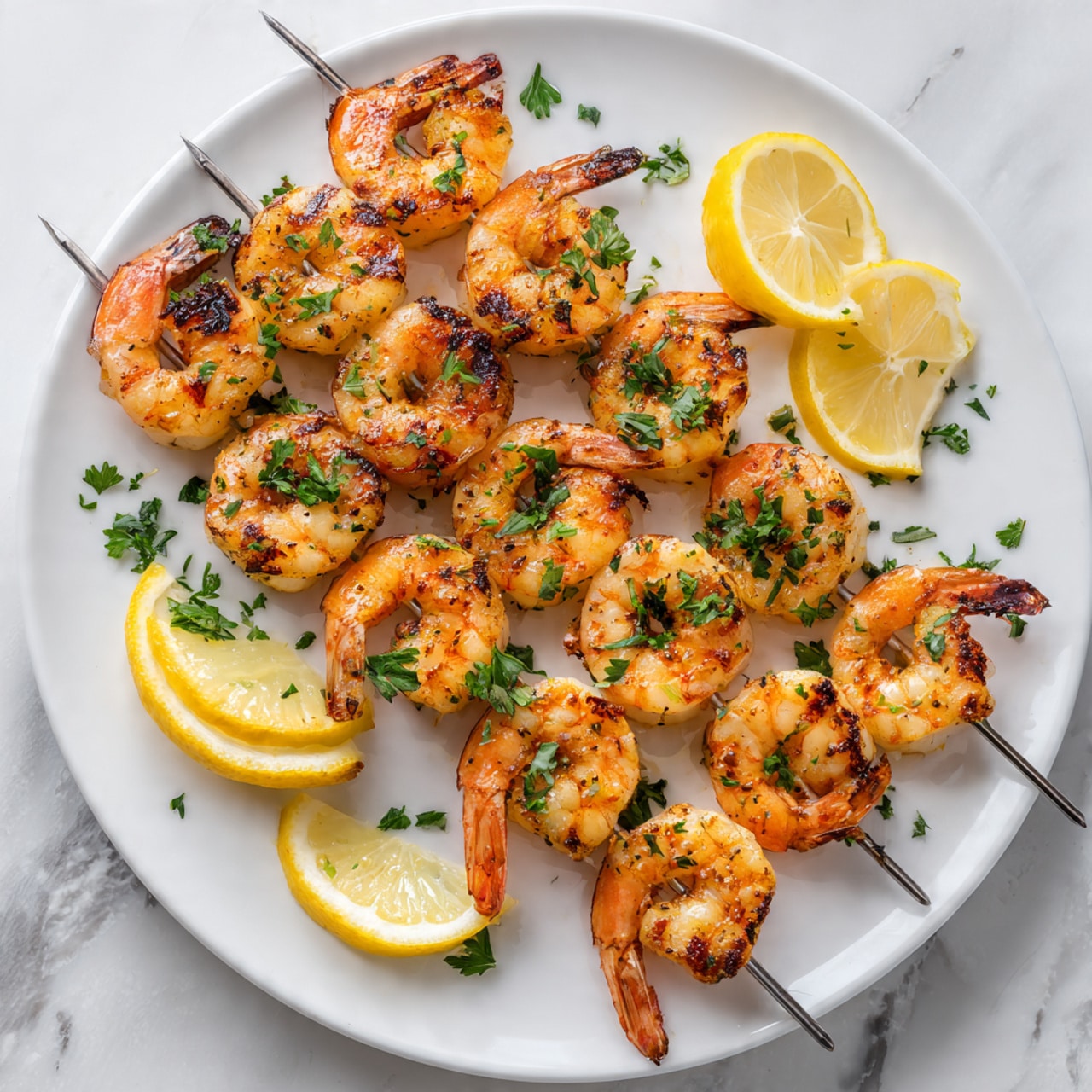 The image shows two metal skewers with grilled shrimp, each skewer holding about five to six shrimp that are light orange with char marks. The shrimp are garnished with small green parsley pieces scattered on top. On the white plate around the skewers, there are five lemon wedges, bright yellow with juicy texture. The plate rests on a white marbled surface, creating a clean and fresh look. Photo taken with an iphone --ar 4:5 --v 7