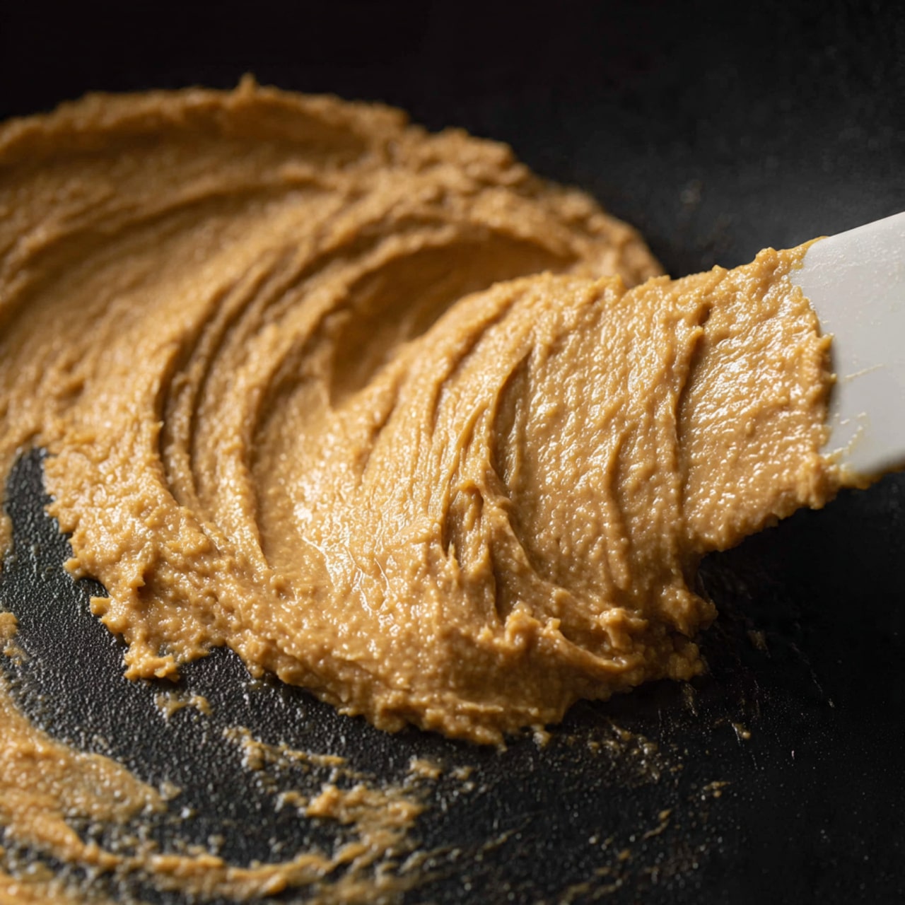 A close-up view of a light brown thick paste with a smooth, grainy texture spread across the black cooking pan, with a white spatula lifting part of it from the bottom right side. The paste has a shiny, slightly wet surface, and the pan background shows a dark, slightly rough texture. Photo taken with an iphone --ar 4:5 --v 7