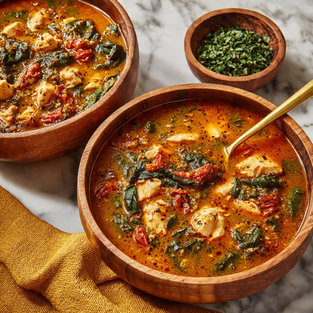 Two wooden bowls hold a rich, orange-red soup filled with chunks of light golden chicken, bright green spinach leaves, and pieces of sun-dried tomatoes. The soup is textured with small bits of herbs and spices scattered throughout and has a slight glossy surface that reflects light. In the front bowl, a golden spoon sticks out on the right side, partly submerged in the soup. The bowls rest on a white marbled surface, with a textured mustard yellow cloth near the closest bowl and a small wooden bowl filled with green herbs just behind. The background is softly blurred. Photo taken with an iphone --ar 4:5 --v 7