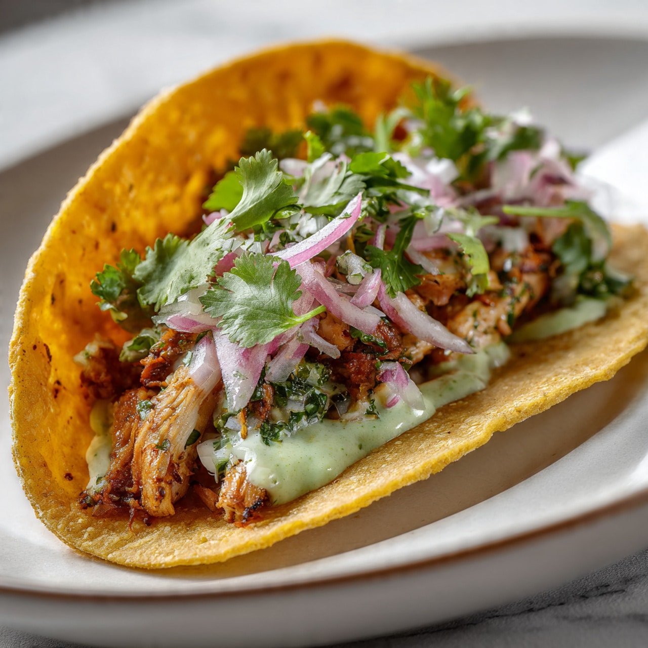 The image shows a close-up of a crispy taco on a white plate with a white marbled surface in the background. The taco has one rough-textured, light golden corn tortilla shell folded to hold the filling. Inside, there are small chunks of grilled, browned chicken, topped with finely chopped red onions and fresh green cilantro leaves. There is a layer of pale green creamy sauce beneath the chicken, visible around the edges of the tortilla. A woman's hand is gently holding the edge of the plate. Photo taken with an iphone --ar 4:5 --v 7