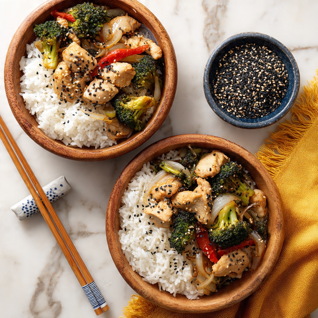 Two wooden bowls each filled with three layers: the bottom layer is white rice with a soft, grainy texture, the middle layer contains colorful stir-fried pieces including light brown chunks of chicken, dark green broccoli florets, translucent cooked onions, small red pepper pieces, and light golden sliced garlic, topped with scattered black sesame seeds. The bowls sit on a white marbled surface. On the right side is a blue ceramic bowl filled with black sesame seeds, next to a mustard-yellow cloth with fringed edges, and a pair of chopsticks with white and blue handles placed near the bottom bowl. Photo taken with an iphone --ar 4:5 --v 7