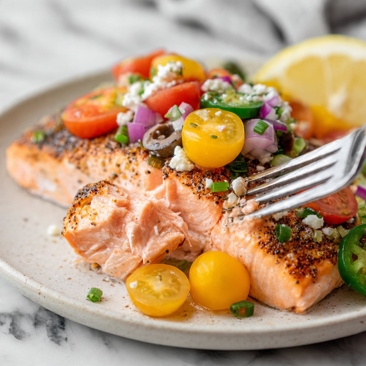 The image shows three fillets of cooked salmon with a light pink color and a peppered seasoning on the surface, arranged on a white plate with a thin blue rim, set on a white marbled texture. On top of the salmon fillets, there is a colorful salad layer consisting of small, round yellow and red cherry tomatoes, diced cucumbers, chopped red onions, crumbled white feta cheese, and green herbs mixed together, giving a fresh and vibrant look. At the bottom edge of the plate, there are three curved lemon slices with a bright yellow color, adding a fresh citrus touch to the dish. The dish is presented close-up, focusing on the textures and natural colors of the ingredients. photo taken with an iphone --ar 4:5 --v 7