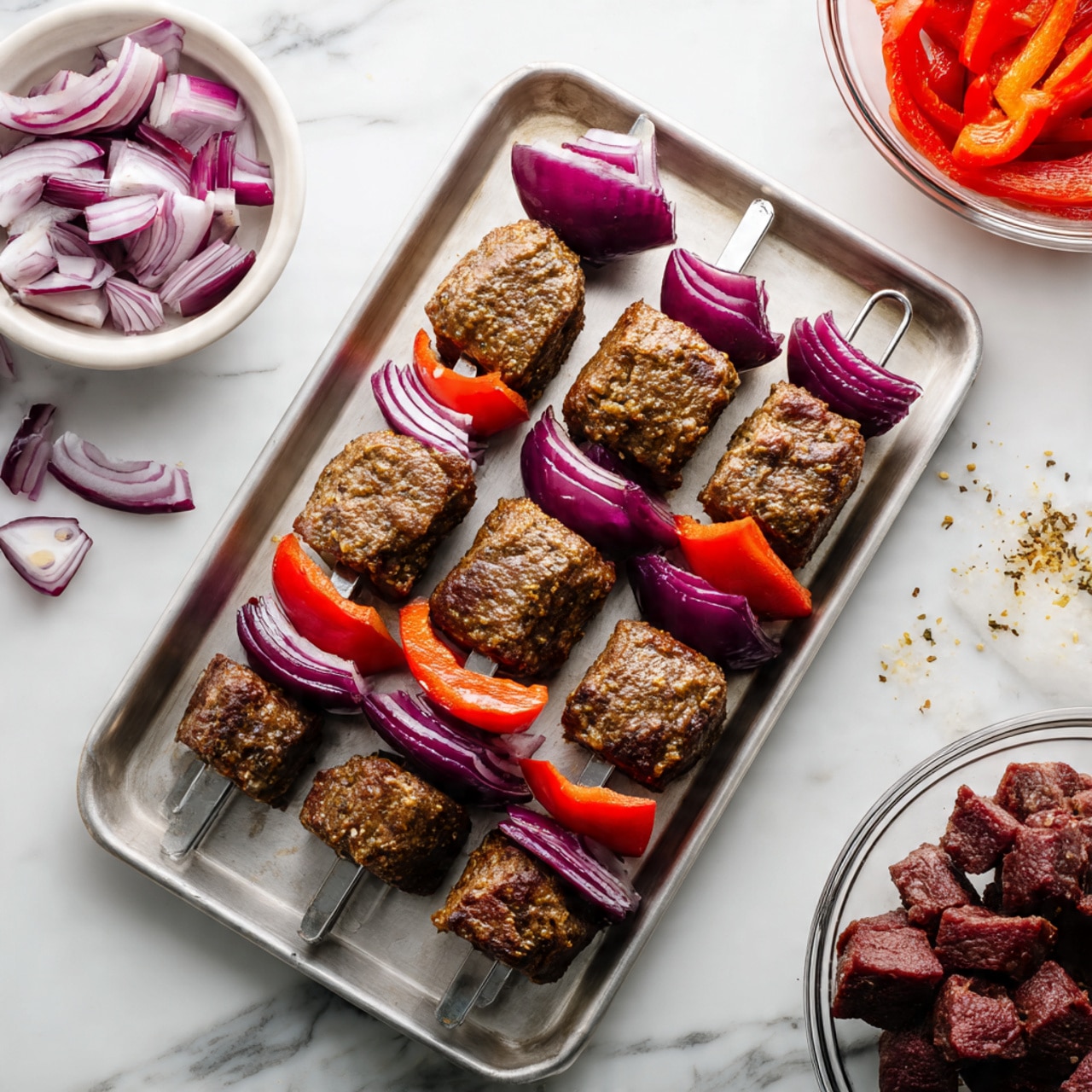 The image shows a silver tray on a white marbled surface with three metal skewers, each holding layers of brown seasoned meat, red onion slices, and red bell pepper pieces. To the left of the tray, there is a white bowl filled with more red onion chunks, and some loose pieces of red bell pepper and onion are scattered on the tray. On the right edge of the image, part of a transparent bowl filled with more seasoned meat pieces is visible. The colors include deep reds, purple, brown, and silver, with a clean and simple arrangement. Photo taken with an iphone --ar 4:5 --v 7