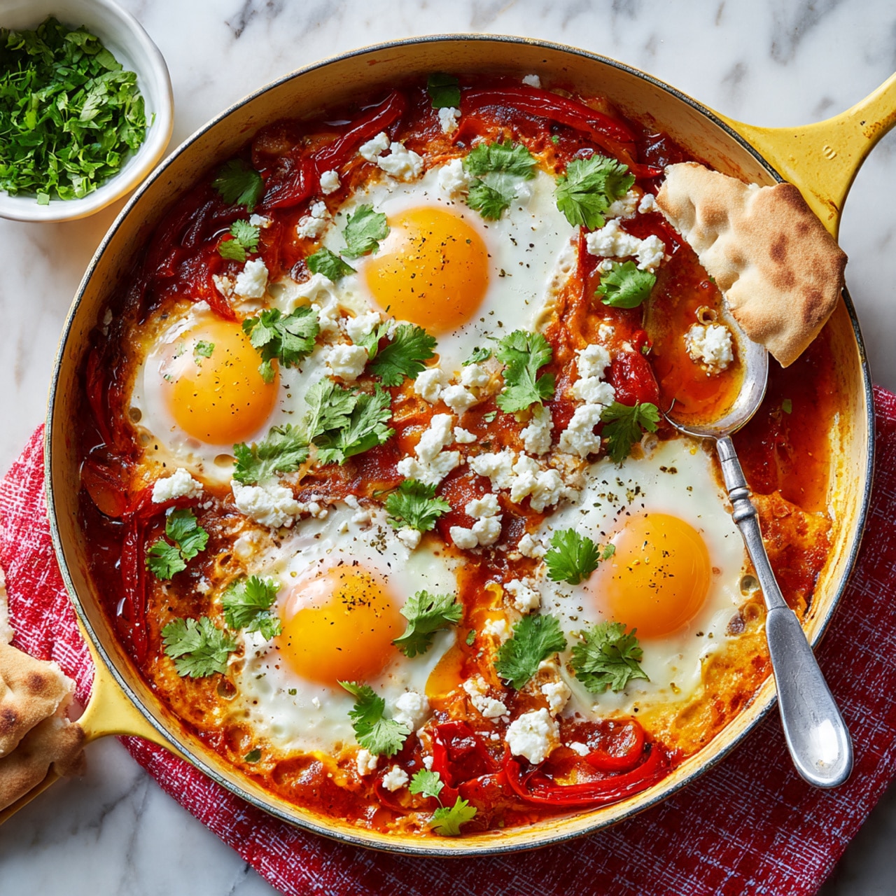 A yellow pan filled with a vibrant shakshuka dish, containing five sunny side up eggs with bright orange yolks evenly spaced over a rich, chunky red tomato sauce. The sauce is thick with soft roasted red bell pepper strips and onions, topped with crumbled white cheese and fresh green cilantro leaves scattered across. One side has a piece of light brown flatbread tucked under the eggs. A spoon rests inside the pan, partially dipped in the sauce, and the pan sits on a red and white checkered cloth over a white marbled surface. A white bowl with chopped green herbs lies in the background. Photo taken with an iphone --ar 4:5 --v 7