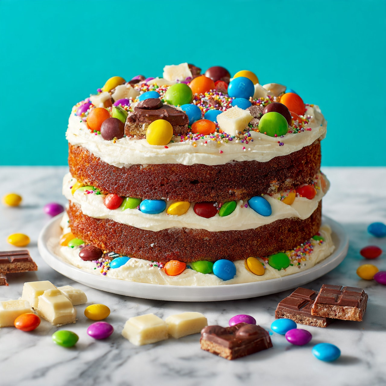 The image shows a three-layer cake with light cream frosting spread thinly between each layer, allowing the brown cake layers to show partially. The top of the cake is fully covered with the same cream frosting and decorated generously with colorful round candies, including small smooth candy-coated chocolates in bright red, yellow, green, blue, orange, and purple, larger round chocolates covered with many tiny multicolored nonpareil sprinkles, and square chocolate pieces in milk and white chocolate. Some candy-coated chocolates are scattered around the white plate the cake sits on, which rests on a white marbled surface. The background is a solid bright turquoise color. Photo taken with an iphone --ar 4:5 --v 7