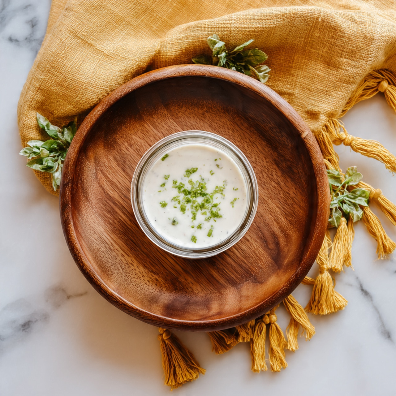 A small clear glass jar filled with a creamy white sauce that has small green herb specks inside, topped with finely chopped green herbs. The jar sits on a round wooden plate with fresh green leaves of parsley and dill around its base. The surface beneath the plate has a white marbled texture, and there is a mustard yellow fringed cloth partially visible at the bottom. Photo taken with an iphone --ar 4:5 --v 7