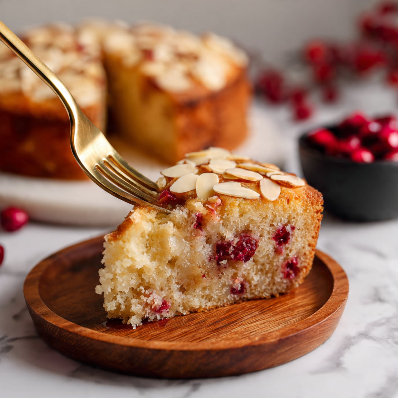 A round almond cake sits on crumpled parchment paper over a white marbled surface, with one slice slightly pulled out showing the soft, light brown inside filled with scattered almond flakes. The top layer is thickly covered with sliced almonds, both light cream and brown in color, creating a crunchy texture. Surrounding the cake are whole almonds and a few fresh red raspberries placed near the top right. To the left, a white bowl filled with bright red raspberries adds a pop of color, all presented next to a mustard yellow cloth with fringe edges. The photo taken with an iphone --ar 4:5 --v 7