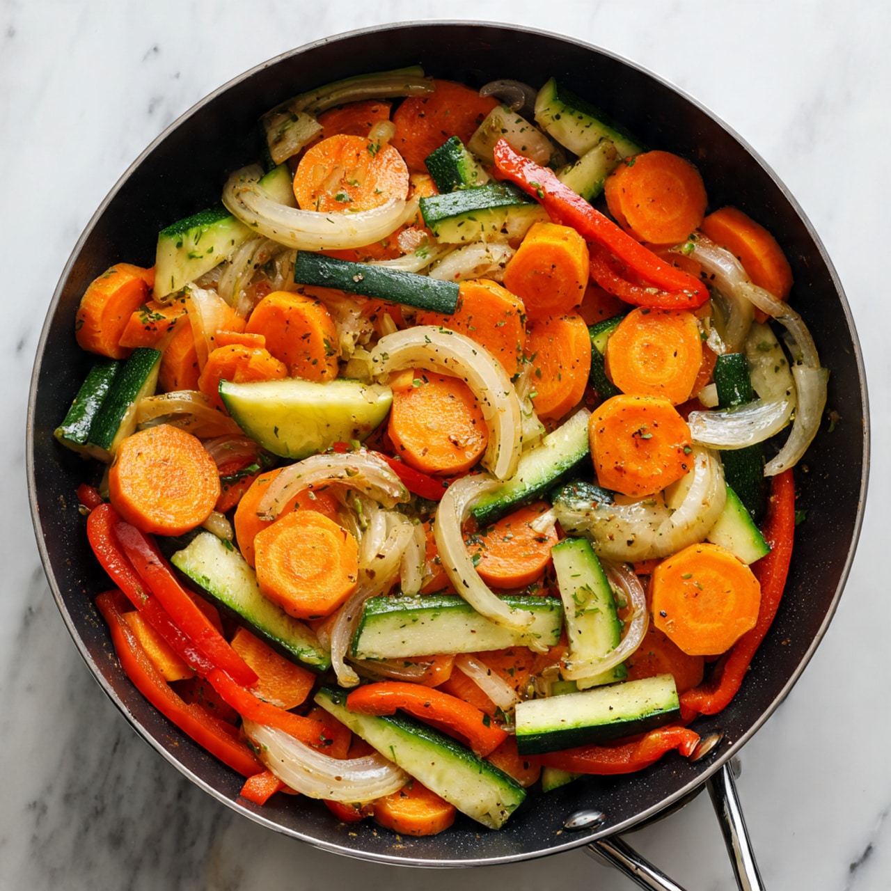 The image shows a pan filled with a creamy orange sauce mixed with several colorful ingredients. There are thin slices of cooked beef scattered throughout, along with bright orange carrot rounds, curved green zucchini pieces, pale yellow onion slices, and long red bell pepper strips. Fresh green basil leaves sit on top as a garnish. The sauce looks smooth and thick, coating the ingredients evenly. The pan is set on a white marbled surface with some green leaves visible beside it. photo taken with an iphone --ar 4:5 --v 7