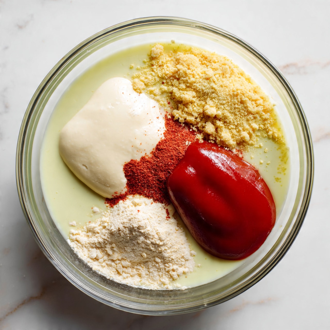 A clear glass bowl on a white marbled surface holds several ingredients side by side without mixing. The base layer is a pale greenish-yellow liquid covering the bottom. On top of this, there is a thick white creamy layer spread in a semicircle on the left side. To the right of the creamy layer, there is a bright red, smooth ketchup dollop. In the center, there are small piles of light beige powder, reddish-orange powder, and a small heap of grainy yellow mustard, all close together on top of the creamy layer. The photo taken with an iphone --ar 4:5 --v 7