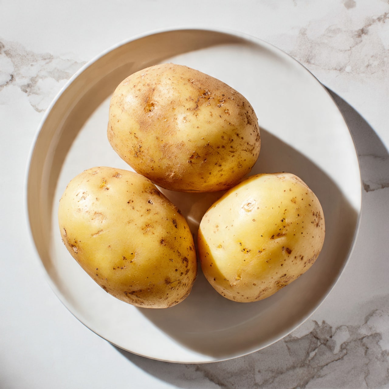 The image shows three whole, light yellow potatoes with small brown spots placed on a simple white plate. The potatoes have a smooth but slightly uneven texture and are arranged in a close triangular shape near the center of the plate. The plate sits on a white marbled surface with soft gray veins visible. The lighting creates a natural shadow effect around the potatoes. photo taken with an iphone --ar 4:5 --v 7