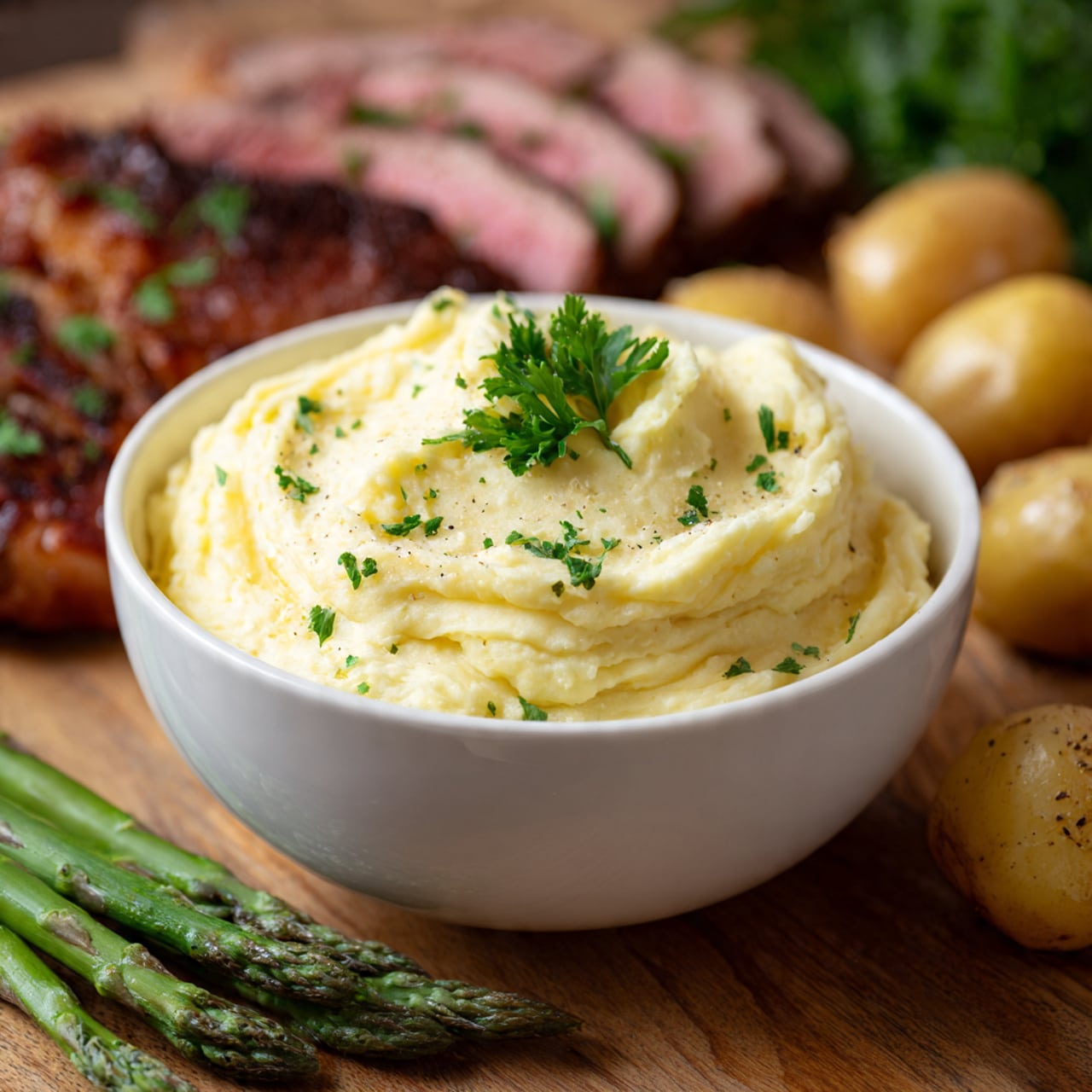 The image shows a white bowl filled with creamy pale yellow mashed potatoes topped with a small green parsley leaf, placed on a wooden surface. Surrounding the bowl are several green asparagus spears in the foreground, a few small light brown roasted potatoes, and slices of cooked meat with a reddish-brown crust and pink interior in the background. The mashed potatoes have a smooth texture with some small lumps, and the overall scene includes fresh herbs sprinkled lightly over the vegetables and meat. Photo taken with an iphone --ar 4:5 --v 7