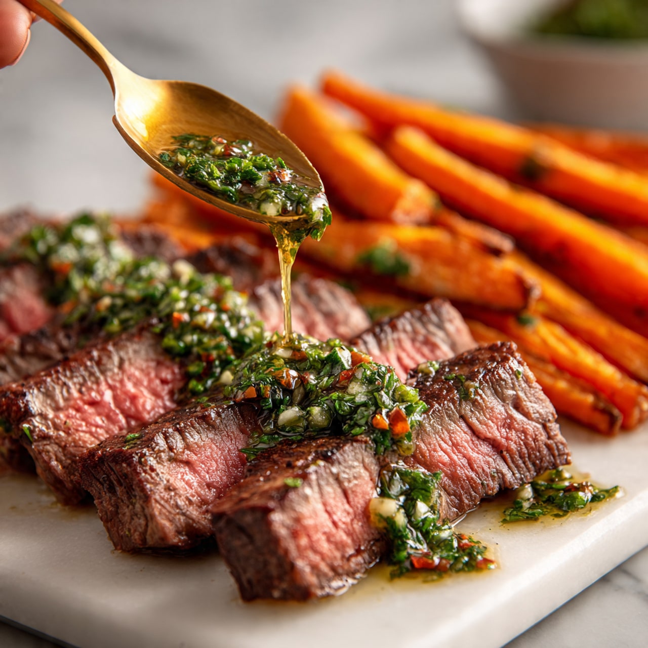 A white bowl filled with a green herb sauce that has small bits of red and white mixed in, resting on a white saucer. A silver spoon is partially dipped inside, lifting some of the sauce to show its texture, which looks oily and finely chopped with herbs. Fresh green parsley leaves are placed around the bowl. The background is a white marbled texture. photo taken with an iphone --ar 4:5 --v 7