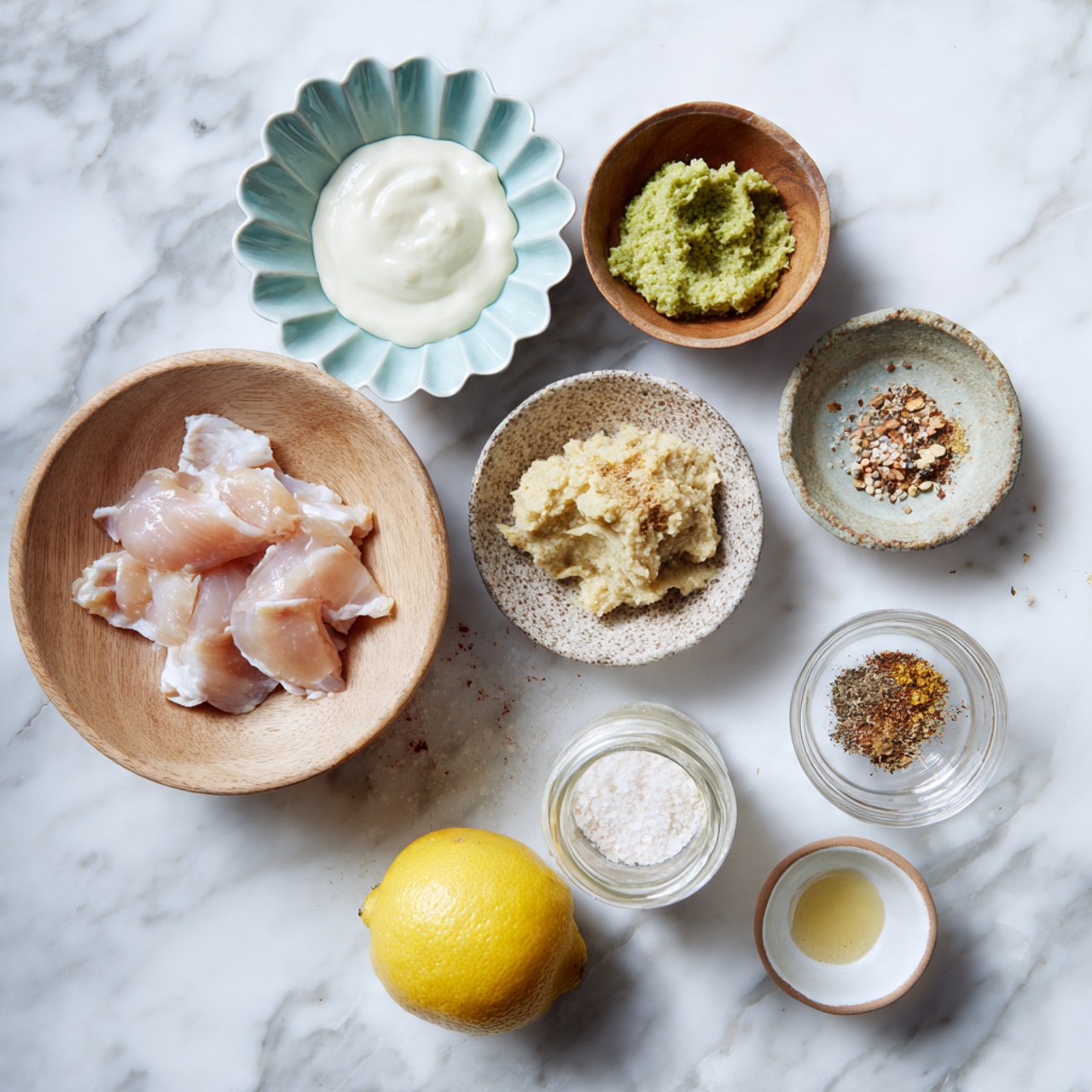 The image shows several small bowls and a clear bowl with pieces of raw light pink chicken on a white marbled surface. On a wooden tray, there are five small bowls arranged: a light blue scalloped bowl with white creamy sauce on the top left, a small round wooden bowl with green paste on the top right, a speckled small bowl with two textures—pale yellowish puree and beige minced paste—on the middle right, a small round bowl with white powder below, and a small glass jar filled with white sauce in the middle left. Next to the tray is half a lemon with bright yellow skin, and nearby on the marbled surface is a small white bowl with brown and beige spices, and another small white bowl with light yellow liquid. The composition is well spaced, all on a clean white marbled background. photo taken with an iphone --ar 4:5 --v 7