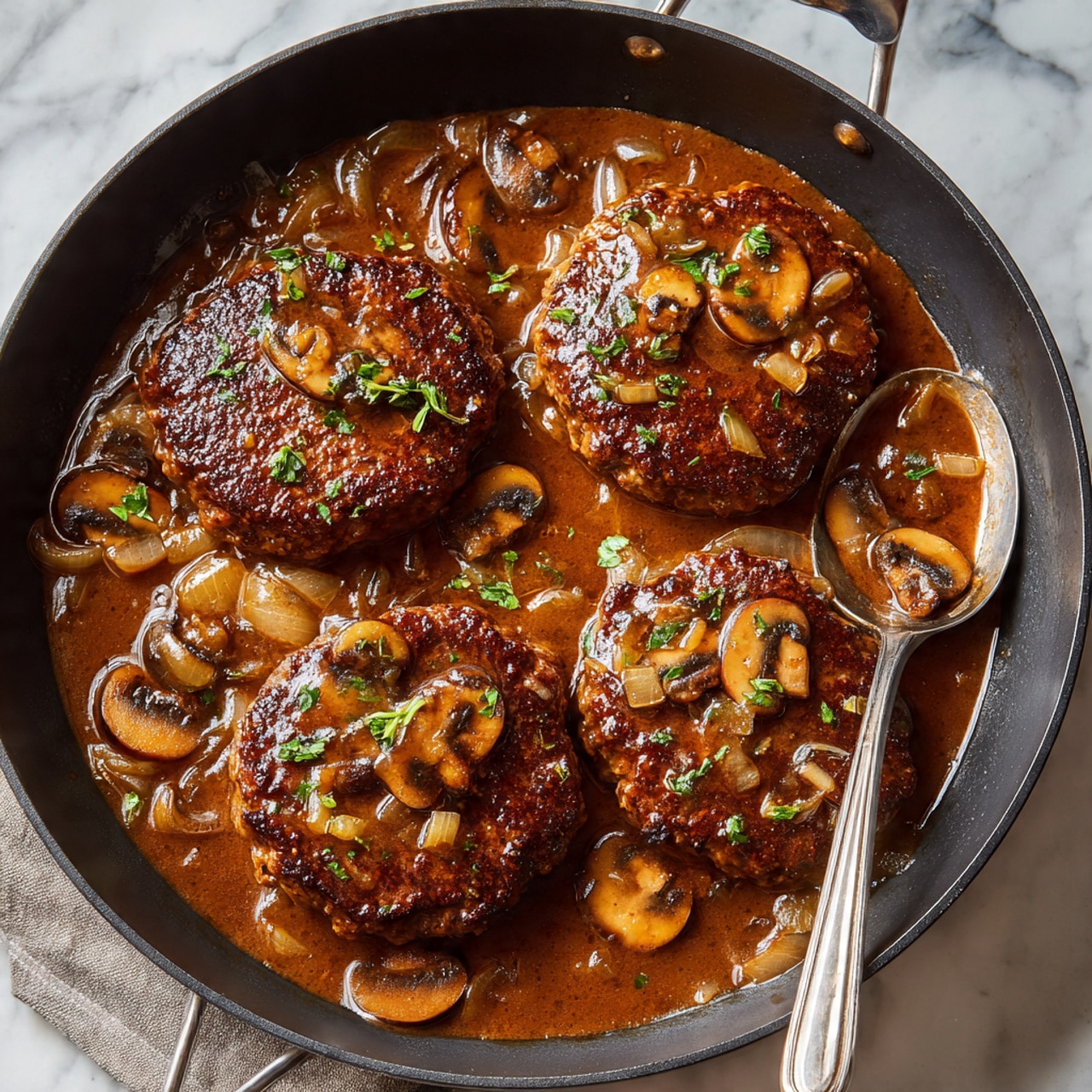 A black cast iron pan holds five browned Salisbury steaks layered in a thick brown mushroom gravy. The steaks are golden with a slightly crispy texture on top, scattered with sliced light brown mushrooms and garnished with small, bright green parsley pieces. The gravy is rich and glossy, pooling around and between the steaks in the pan. A silver spatula with a white wooden handle rests on the side, partially under one steak, against a white marbled background. photo taken with an iphone --ar 4:5 --v 7