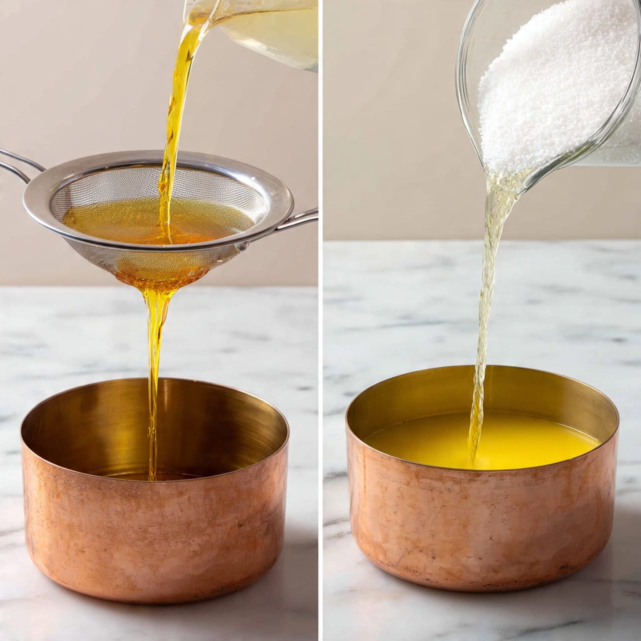 A clear glass jar filled with a smooth, thick, bright yellow sauce. A silver spoon is lifting some of the sauce from the jar, showing its creamy, shiny texture as it gently drips back. The jar is placed on a white marbled surface with a soft pink cloth in the background and a lemon wedge slightly blurred on the right side. Photo taken with an iphone --ar 4:5 --v 7