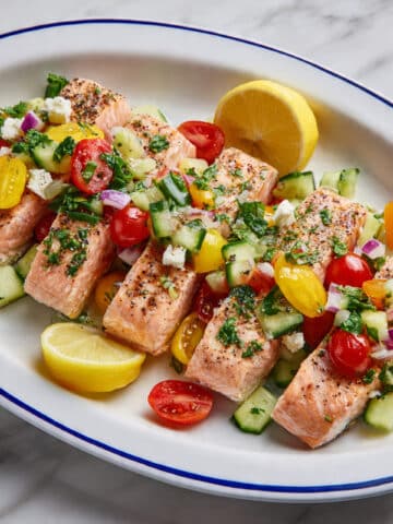 Mediterranean Salmon with Lemon Sauce and Greek Topping Recipe