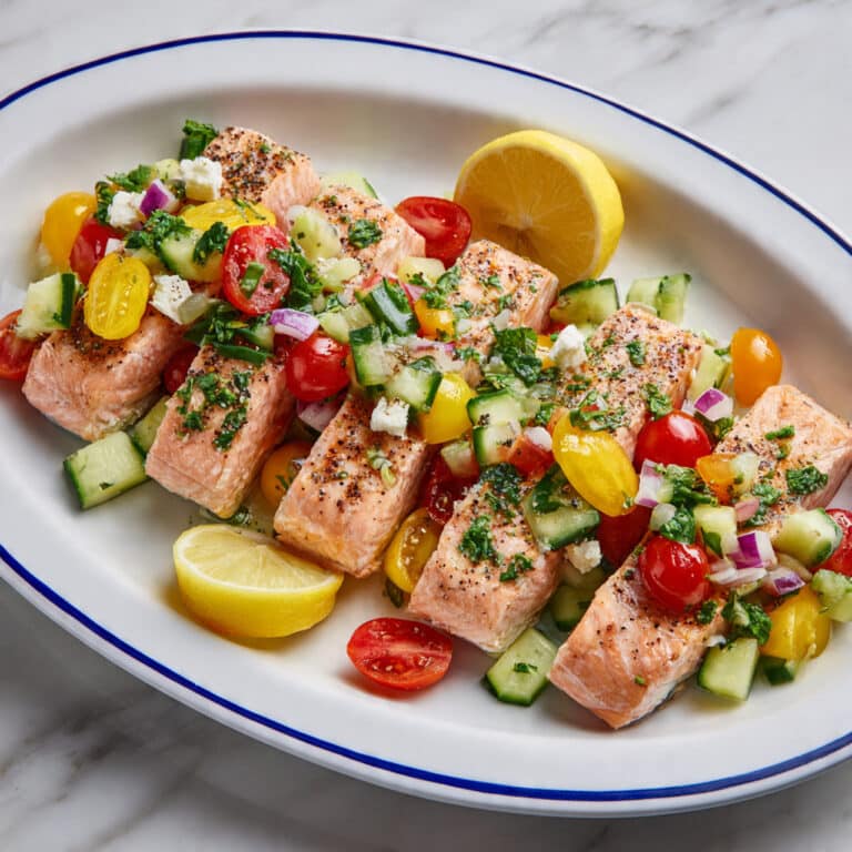 Mediterranean Salmon with Lemon Sauce and Greek Topping Recipe