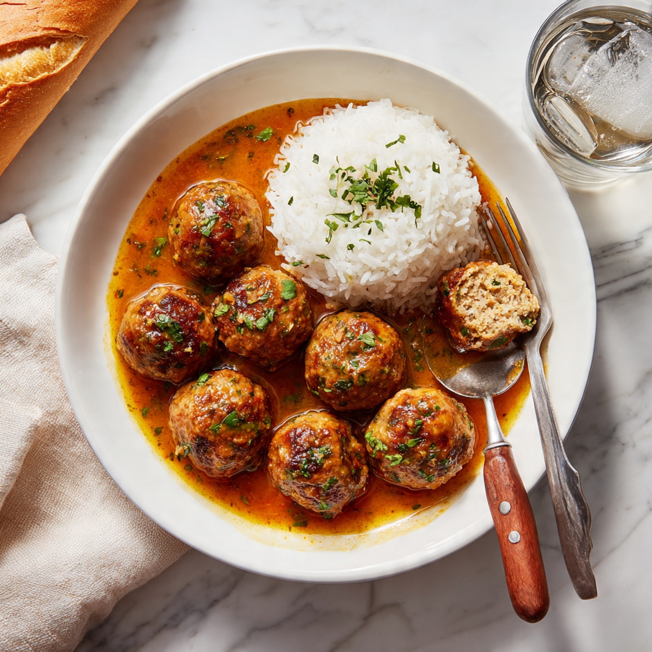 A white bowl filled with a thick, orange-brown sauce holding nine round, textured brown meatballs evenly spaced inside. Small green cilantro leaves are scattered on top of the meatballs and sauce. In the background, there is a blurred white plate piled with fluffy white rice. The setting is on a white marbled surface with soft natural light. photo taken with an iphone --ar 4:5 --v 7