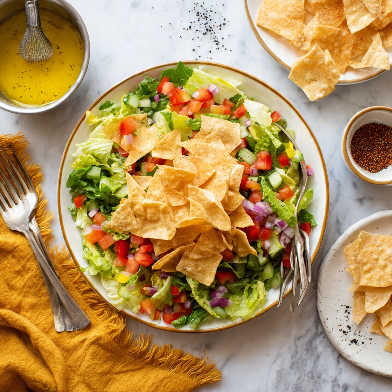 A white plate holds a fresh salad made of several layers: the base is bright green chopped lettuce, topped with diced red tomatoes, green bell peppers, and small pieces of purple onion. Over this, there are broken pieces of light brown toasted pita bread scattered around, adding texture. Two silver spoons are placed inside the salad on the right side, partly covered by the ingredients. The plate sits on a white marbled surface with part of a white bowl containing more broken pita bread visible in the top right corner, and a light yellow textured napkin is seen at the bottom right corner. Photo taken with an iphone --ar 4:5 --v 7