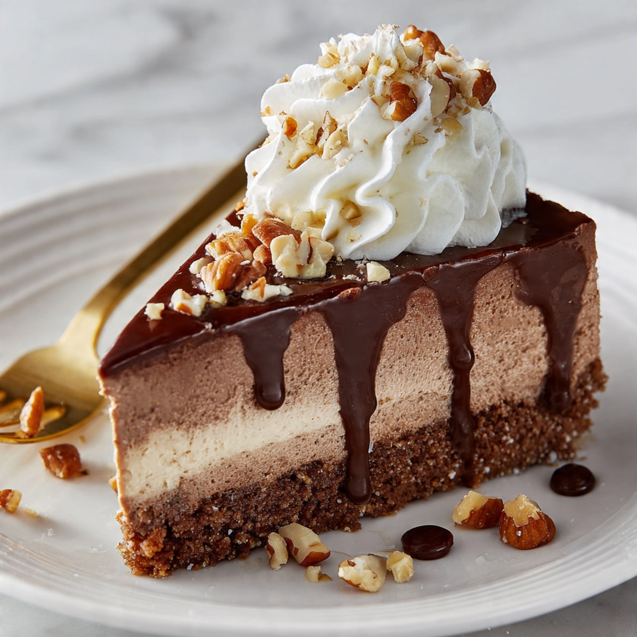 A slice of chocolate mousse cake sits on a white plate with a white marbled texture background. The cake has three layers: a dark brown crumbly base, a thick light brown creamy mousse in the middle, and a smooth dark chocolate glaze on top. There is a swirl of white whipped cream topped with chopped nuts near the back edge of the cake. Chocolate sauce is drizzled over the whipped cream and glaze, with some dripping down the sides. Whole and chopped nuts are scattered around the cake slice and on the plate. A gold fork with some nuts sits next to the cake on the plate. Photo taken with an iphone --ar 4:5 --v 7