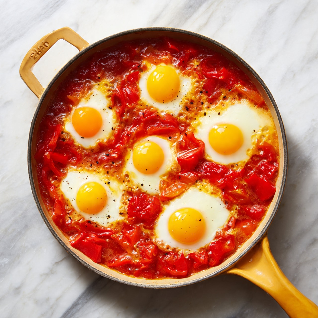 A round black pan with a yellow handle holds a dish with five sunny-side-up eggs placed evenly in a rich red tomato sauce mixed with slices of red bell pepper. White crumbled cheese is scattered on top, along with fresh green cilantro leaves. The pan is set on a white marbled surface. To the left, there is a white bowl with chopped cilantro and another white bowl with more white crumbled cheese. On the right side, a white plate holds pieces of light brown flatbread, with a woman's hand reaching for one piece. Photo taken with an iphone --ar 4:5 --v 7
