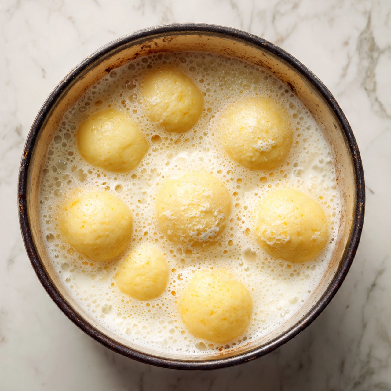 The image shows a white bowl filled with a milky white liquid and round, soft, white dumplings floating on top. The dumplings have a smooth, slightly textured surface and are spread evenly across the bowl. Scattered on the liquid and dumplings are thin green slivers of pistachios adding small pops of color. A silver spoon partly sits in the bowl on the right side. The bowl itself is white with a light turquoise rim, placed on a white marbled surface. photo taken with an iphone --ar 4:5 --v 7