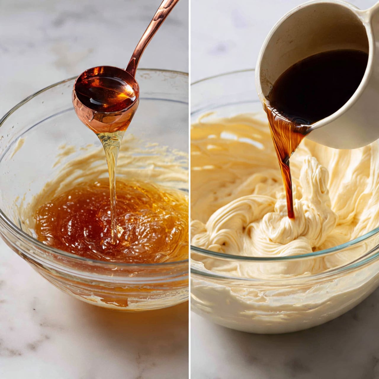 The image shows two close-up shots side by side focused on mixing ingredients in a clear glass bowl placed on a white marbled surface. On the left side, a woman's hand holds a small copper measuring spoon pouring dark golden liquid, dripping slowly into a creamy pale yellow mixture in the bowl. On the right side, a dark brown cup pours a shiny amber liquid onto the thick off-white cream that clings to the beaters of a white electric mixer inside the same bowl. The textures show smooth cream and flowing liquid against the transparent glass bowl, suggesting a baking or dessert preparation process. Photo taken with an iphone --ar 4:5 --v 7