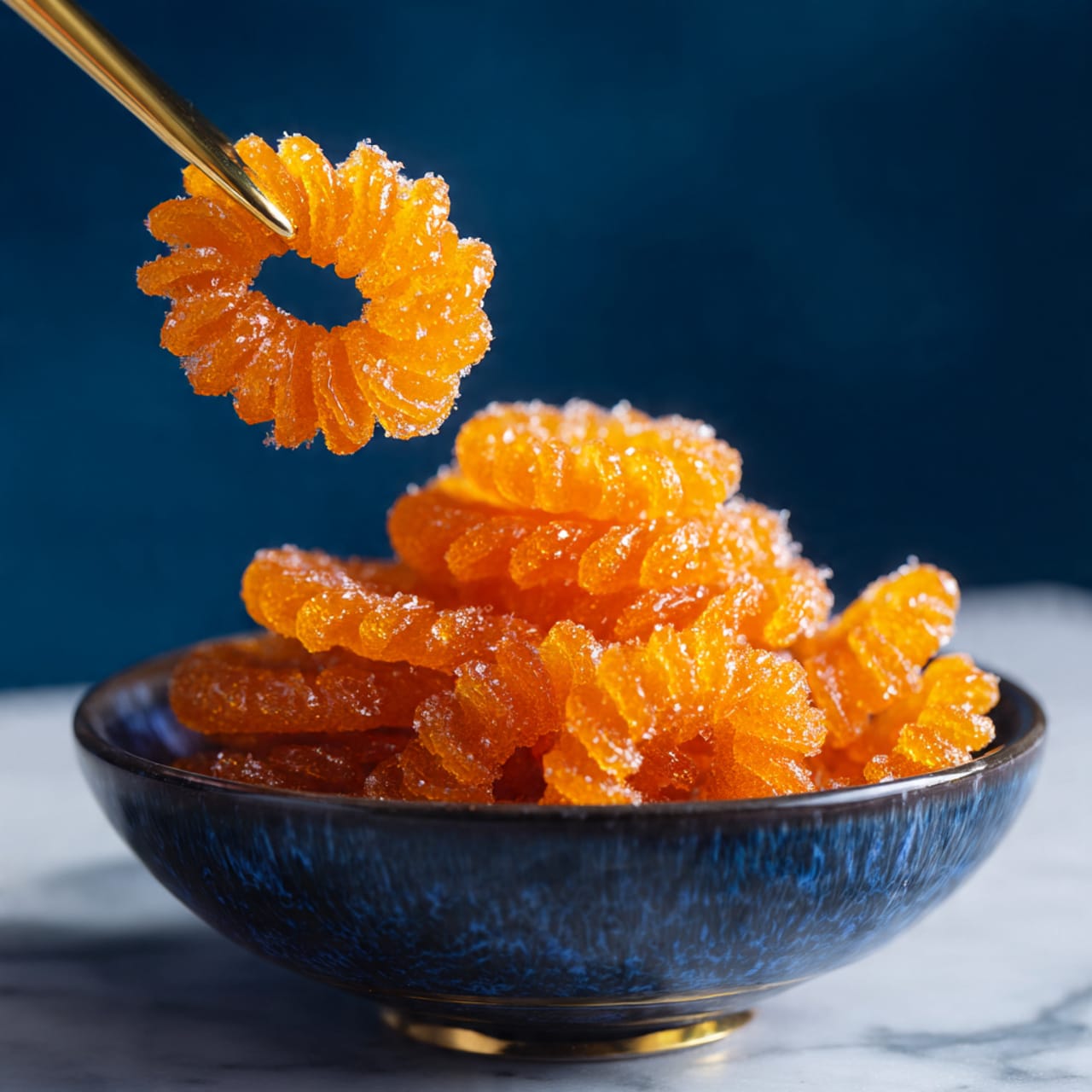The image shows several bright orange, spiraled fried sweets stacked on top of each other, each having a shiny, sticky texture from a sugary glaze. The sweets form thick, round layers with a rough, ridged surface. They are placed on a shallow, white plate with a slightly raised edge, set against a dark blue blurred background that contrasts well with the vibrant sweets. The plate sits on a white marbled surface with a soft reflection of the orange spirals. Photo taken with an iphone --ar 4:5 --v 7