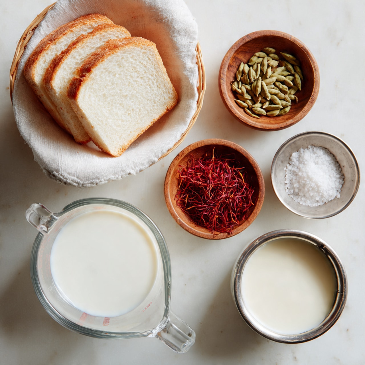 The image shows a white marbled surface with a clear glass measuring cup filled with white milk at the bottom left. To the top left, there is white bread with three slices stacked in a white cloth-lined basket. There are three small bowls near the center; two are round wooden bowls, one containing green cardamom pods and the other with red saffron strands, and one small round silver bowl with white granulated salt. At the bottom right, there is a small silver bowl filled with creamy white condensed milk. The arrangement is simple and neat, with soft natural lighting. photo taken with an iphone --ar 4:5 --v 7