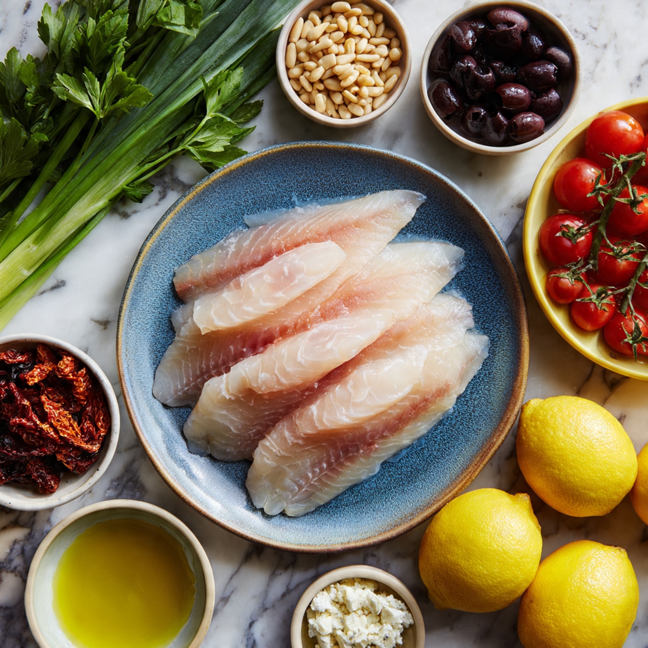 The image shows a white marbled surface with a blue plate in the center holding four raw fish fillets stacked unevenly, light pink with slightly translucent textures. Around the plate are small white bowls filled with sun-dried tomatoes (dark reddish brown), black olives (deep purple), and crumbled white cheese. There is a small green bowl with pale pine nuts and a white bowl with olive oil. On the right side, a yellow bowl holds two bright yellow lemons. On the top side, there is a bunch of fresh green onions and parsley, and next to it, a cluster of small, bright red cherry tomatoes on the vine. Photo taken with an iphone --ar 4:5 --v 7
