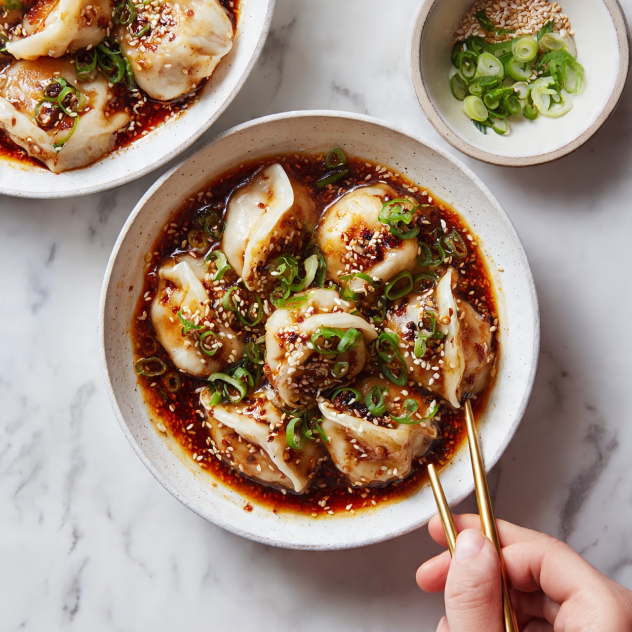 A white bowl with a thin blue grid pattern holds about fifteen dumplings covered in a bright red spicy sauce. The dumplings are light yellow with soft wrinkles and folds, sitting in the sauce at the bottom of the bowl. The sauce is oily with chunks of mushrooms mixed in, its shiny surface spotting the dumplings. Small green onion pieces and white sesame seeds are sprinkled evenly over the top. Behind it, there is a partial view of a white bowl filled with the same dumplings on a white marbled surface. photo taken with an iphone --ar 4:5 --v 7