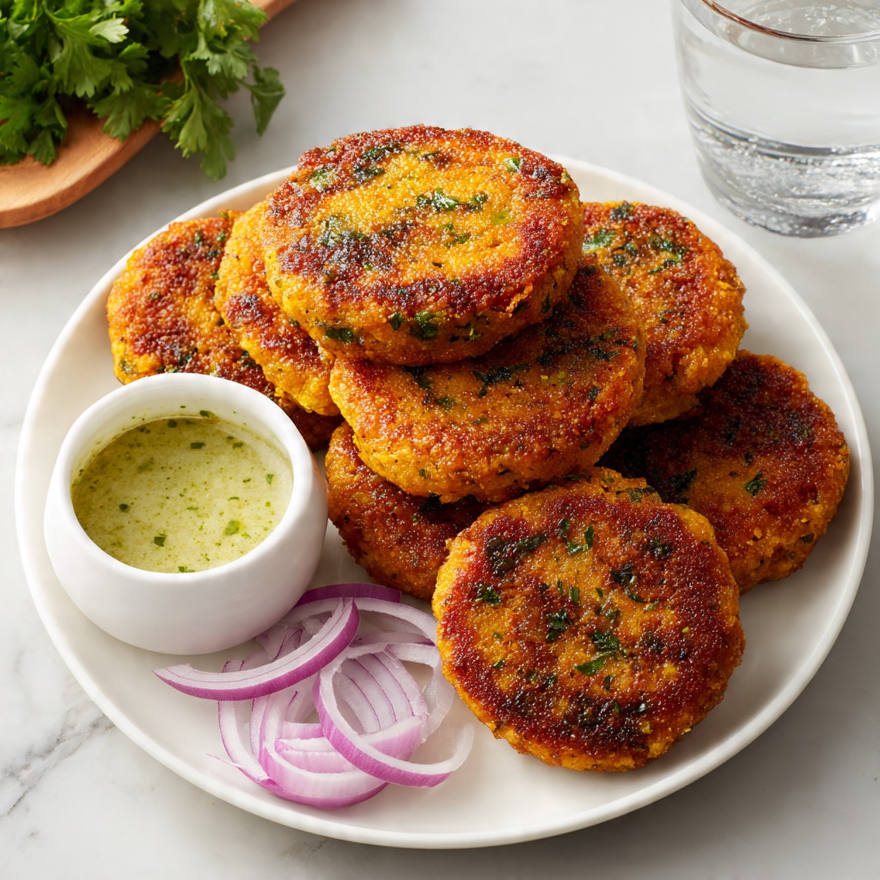 Eight round, golden-brown patties with a crispy, crumbly texture are arranged close together on a wooden rectangular board. They have small green herb pieces sprinkled on top, adding a fresh touch. Around the patties, thin slices of purple onion curls provide a light contrast with their delicate, slightly translucent look. The board sits on a white marbled surface, which gives a clean and bright background to highlight the warm colors of the food. photo taken with an iphone --ar 4:5 --v 7