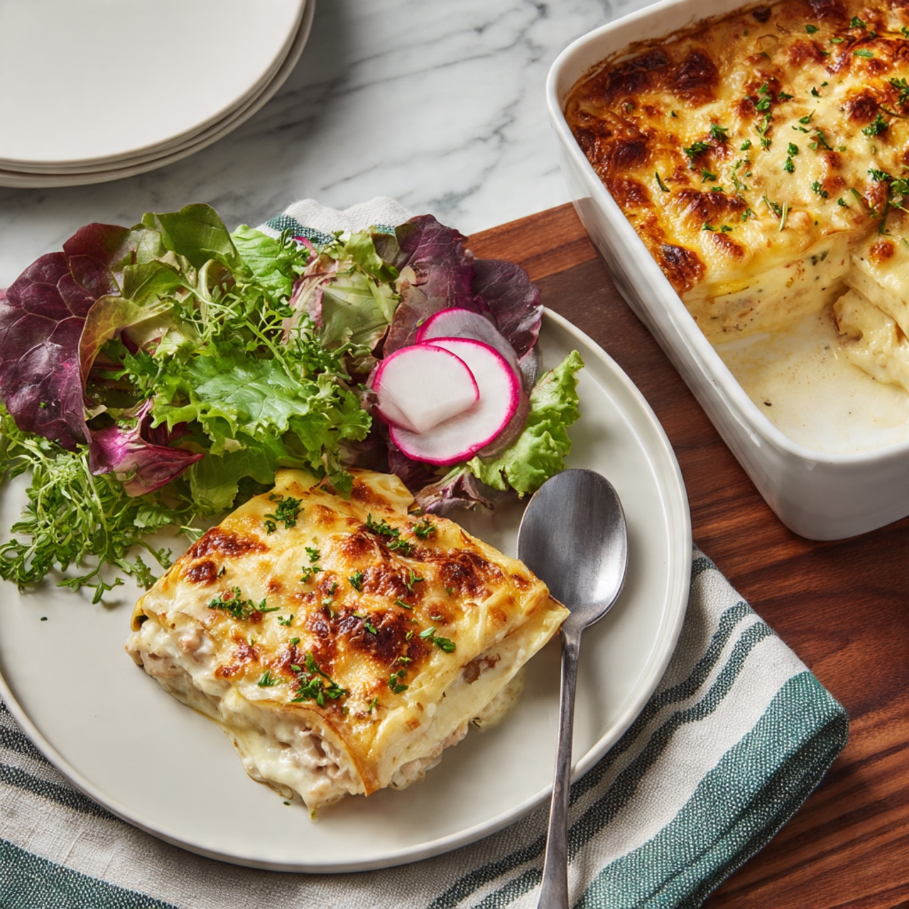 The image shows a white plate with two main parts: a creamy dish on the left side and a fresh salad on the right side. The creamy dish has two layers; the bottom layer is thick and white with small chunks inside, and the top layer is golden-orange with some browned spots and green herbs sprinkled on top. The salad layer has mixed greens including light green and purple leaves, and a white slice of radish with a pink edge on top. Next to the plate, there is a white baking dish with more of the creamy dish inside. The baking dish shows the same two layers with the golden-orange top layer covering most of the surface and some creamy white visible on the edge. The setting has a dark wooden table with a striped cloth in white, gray, and green under the baking dish and plate. A metal spoon is placed on the right side of the plate. The background is a white marbled texture. photo taken with an iphone --ar 4:5 --v 7