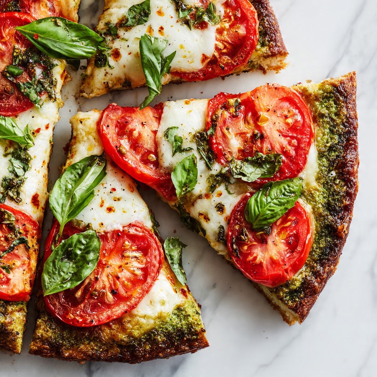 A round pizza with a thick, golden-brown crust sits on a white marbled surface. It is cut into five slices, with a layer of green pesto spread evenly as the base, topped by melted white cheese that covers the whole pizza. On top of the cheese are bright red tomato slices, placed in pairs or singles on each slice. Fresh green basil leaves are scattered over the pizza, adding a vibrant touch of color. Nearby, a white bowl filled with green pesto sits with a spoon inside, ready to serve. A beige cloth napkin and a small bunch of basil leaves are visible on the white marbled background. photo taken with an iphone --ar 4:5 --v 7