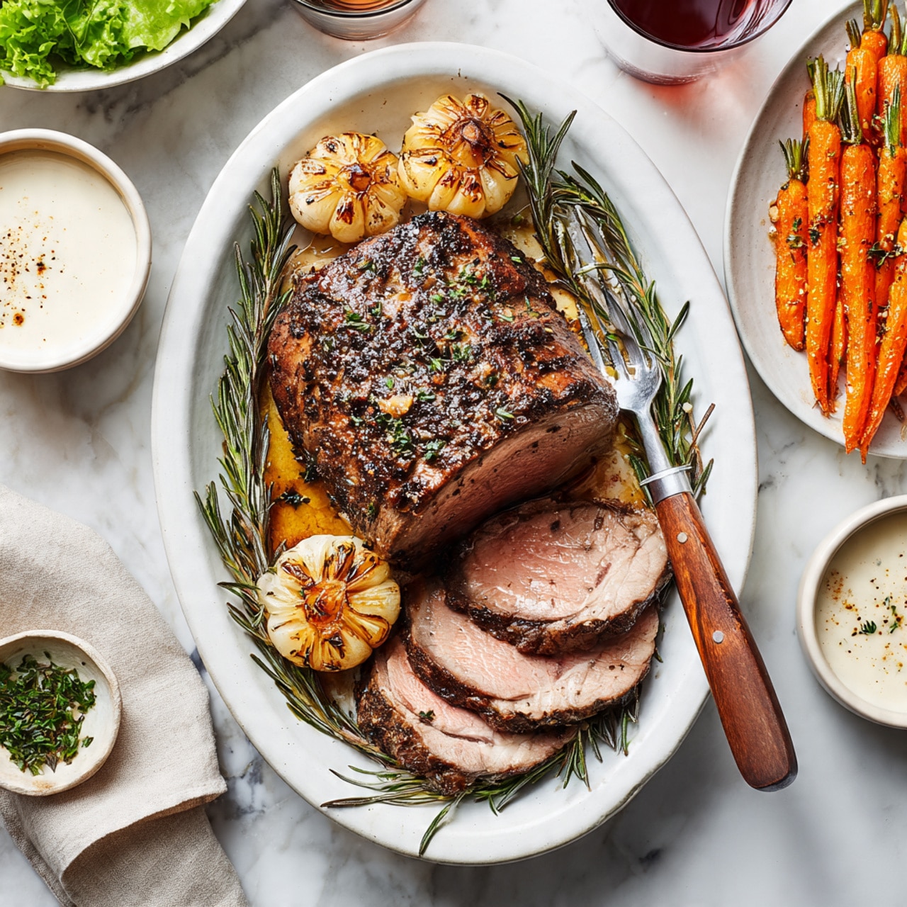 A large piece of roasted beef with a dark, peppered crust sits in a white oval dish. The beef is sliced to show three layers: a deep pink center, a slightly lighter pink middle, and a well-cooked brown outer crust. Two roasted garlic heads with golden-brown tops lay next to the beef, surrounded by fresh green rosemary sprigs. In the blurred background, a bowl of brown gravy and another bowl of white creamy sauce are visible, along with a plate of roasted carrots. The whole scene is set on a white marbled surface. photo taken with an iphone --ar 4:5 --v 7