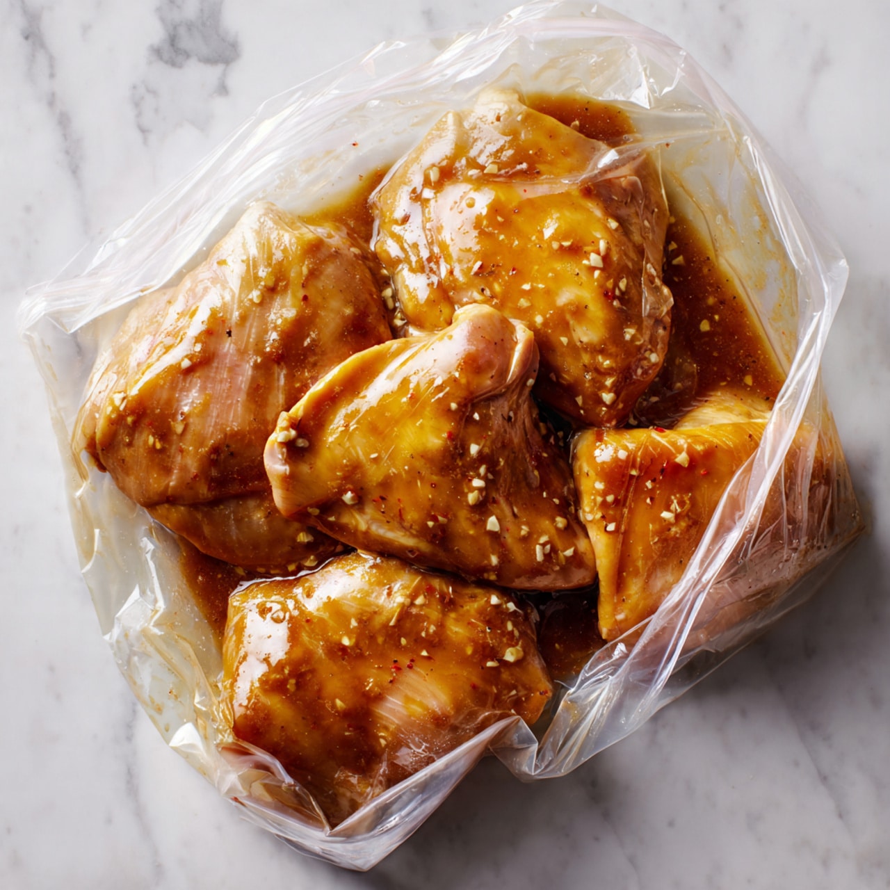 The image shows several pieces of raw chicken soaked in a brown marinade inside a clear plastic bag, with a shiny, slightly sticky texture on the chicken surface. The marinade looks thick and glossy, coating all the chicken pieces, and there are small bits of garlic or seasoning visible throughout. The bag is open at the top, showing the chicken inside against a white marbled surface. photo taken with an iphone --ar 4:5 --v 7