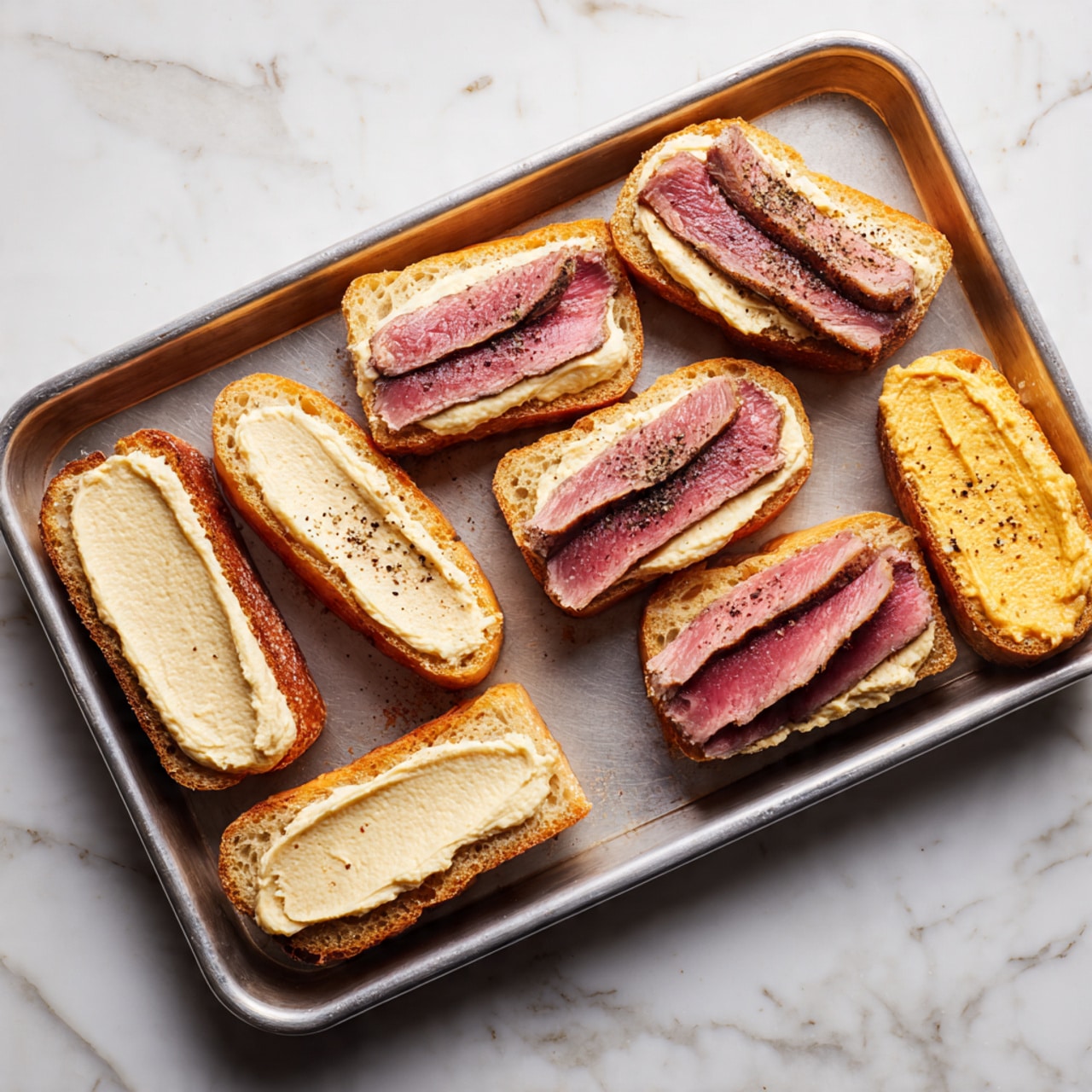 The image shows a metal baking tray on a white marbled surface. On the tray, there are eight open sandwich halves arranged loosely. Each sandwich half has a thick layer of light beige creamy spread covering the bottom slice of bread. On four of the sandwich halves, thin slices of medium-rare cooked meat with a pink center and brown edges are layered on top of the creamy spread. The bread is a light golden brown with a soft, airy texture, and the creamy spread is smooth and evenly spread. The photo taken with an iphone --ar 4:5 --v 7
