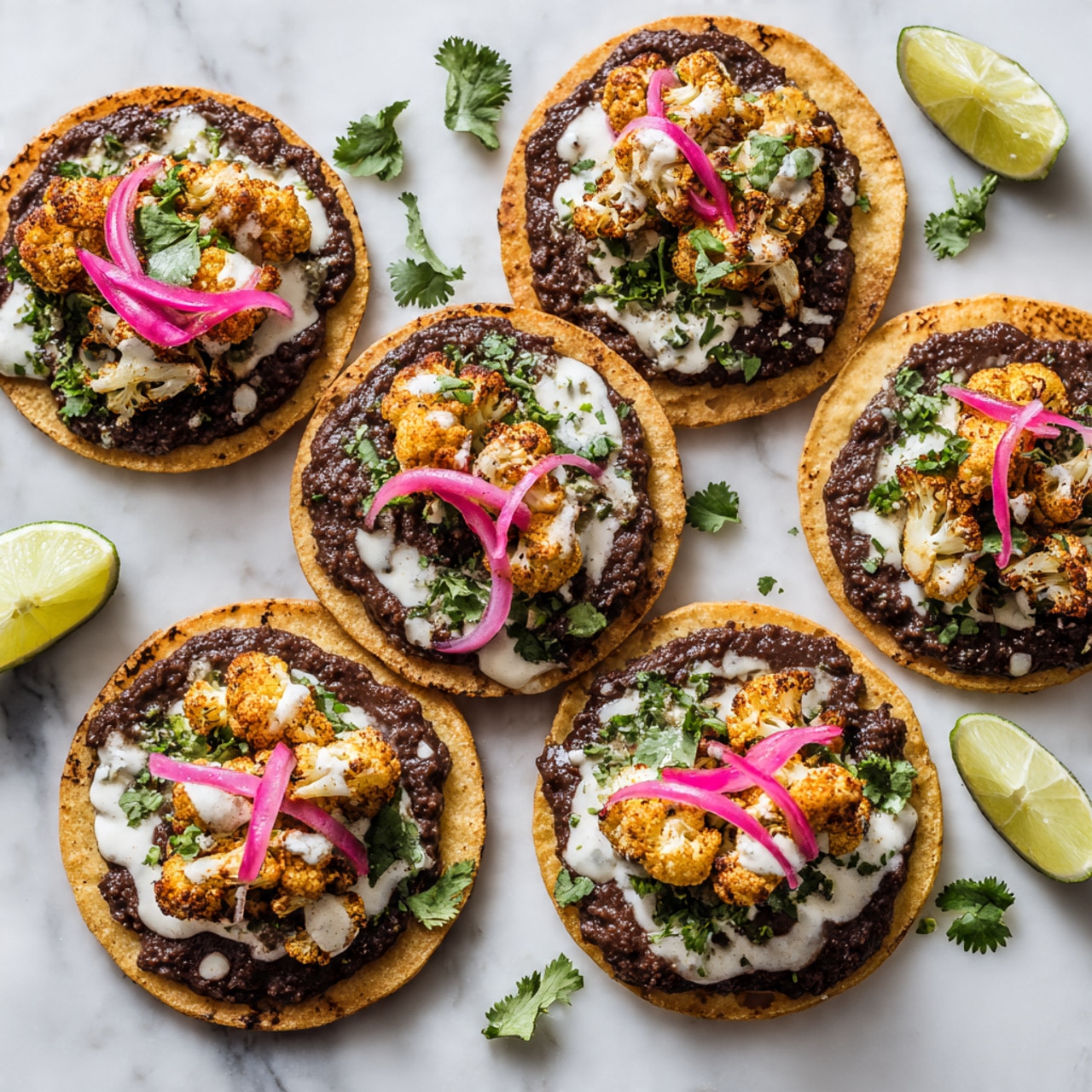 The image shows a close-up of three tostadas on a white marbled surface, each with three main layers. The first layer is a crispy flat round tortilla in light golden brown. On top is a layer of roasted cauliflower with a golden and slightly browned texture. The third layer consists of thin slices of pink pickled onions and fresh green cilantro pieces scattered on the cauliflower. A drizzle of creamy white sauce with specks of herbs covers the top, adding a smooth texture contrast. In the lower corner, there are two lime wedges cut in half, bright green with a juicy appearance. The overall look is colorful and fresh with a mix of soft and crunchy textures. Photo taken with an iphone --ar 4:5 --v 7