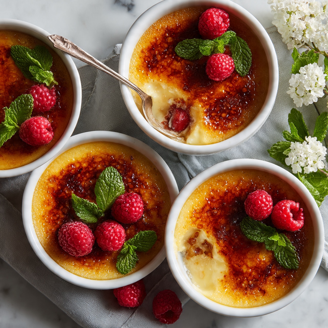 A white round ramekin filled with crème brûlée showing three clear layers: the top thin caramelized golden-brown crust with a shiny cracked texture, the middle creamy pale yellow custard layer visible where a silver spoon scoops into it, and the bottom lighter yellow custard base; a fresh bright red raspberry and small green mint leaves sit on top of the caramel layer, with more raspberries and delicate white flowers scattered around on a soft gray cloth on a white marbled surface; a silver spoon rests in the ramekin lifting the cracked caramel layer, capturing a rich smooth texture underneath. Photo taken with an iphone --ar 4:5 --v 7