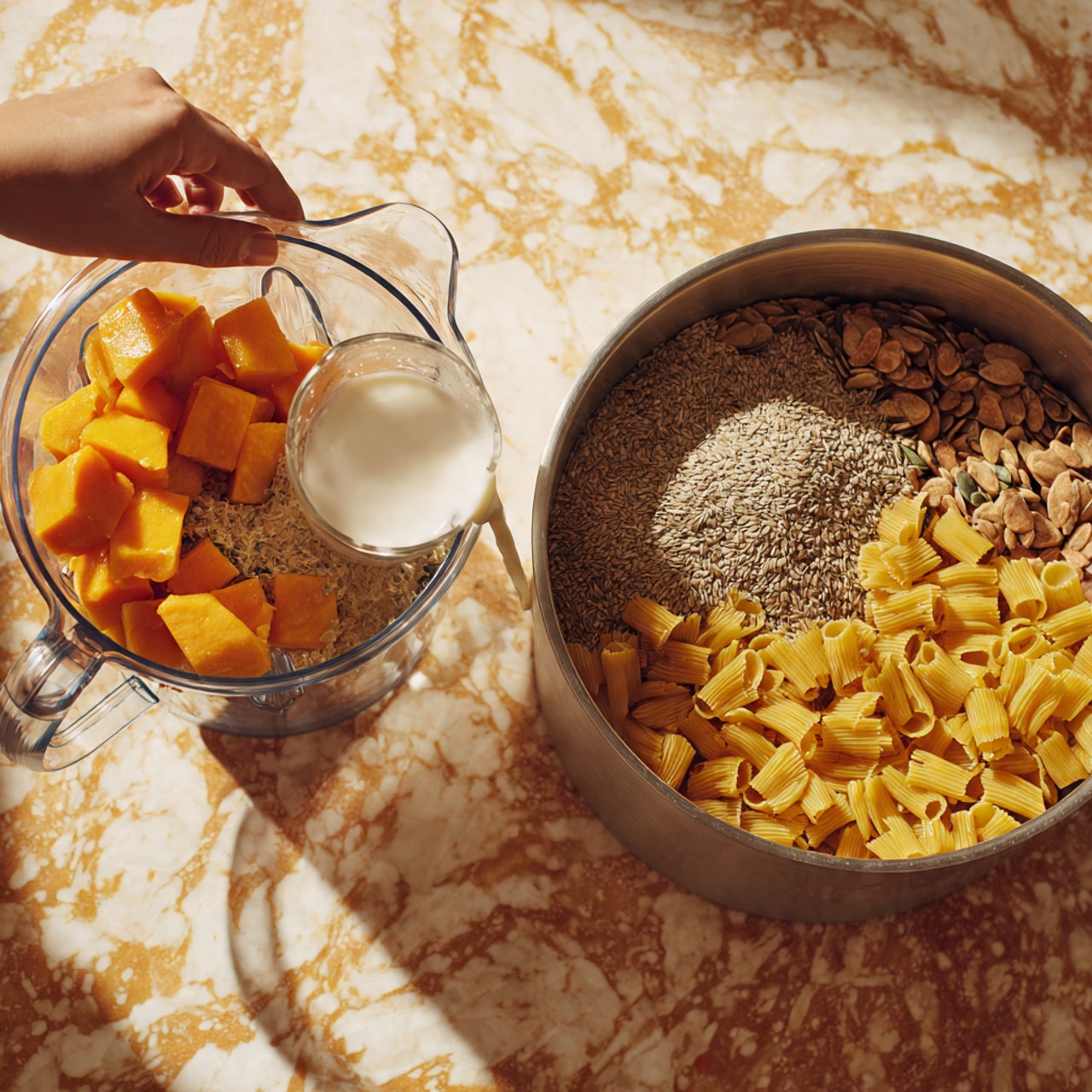 The left image shows a clear blender container with visible chunks of orange fruit and other ingredients inside, as a woman's hand pours a white liquid, likely milk, from a measuring cup into the blender. The right image shows a woman's hand holding a brown paper box, pouring yellow shell pasta into a large metal pot filled with boiling water. Both scenes have a white marbled texture surface and a soft, natural light. photo taken with an iphone --ar 4:5 --v 7