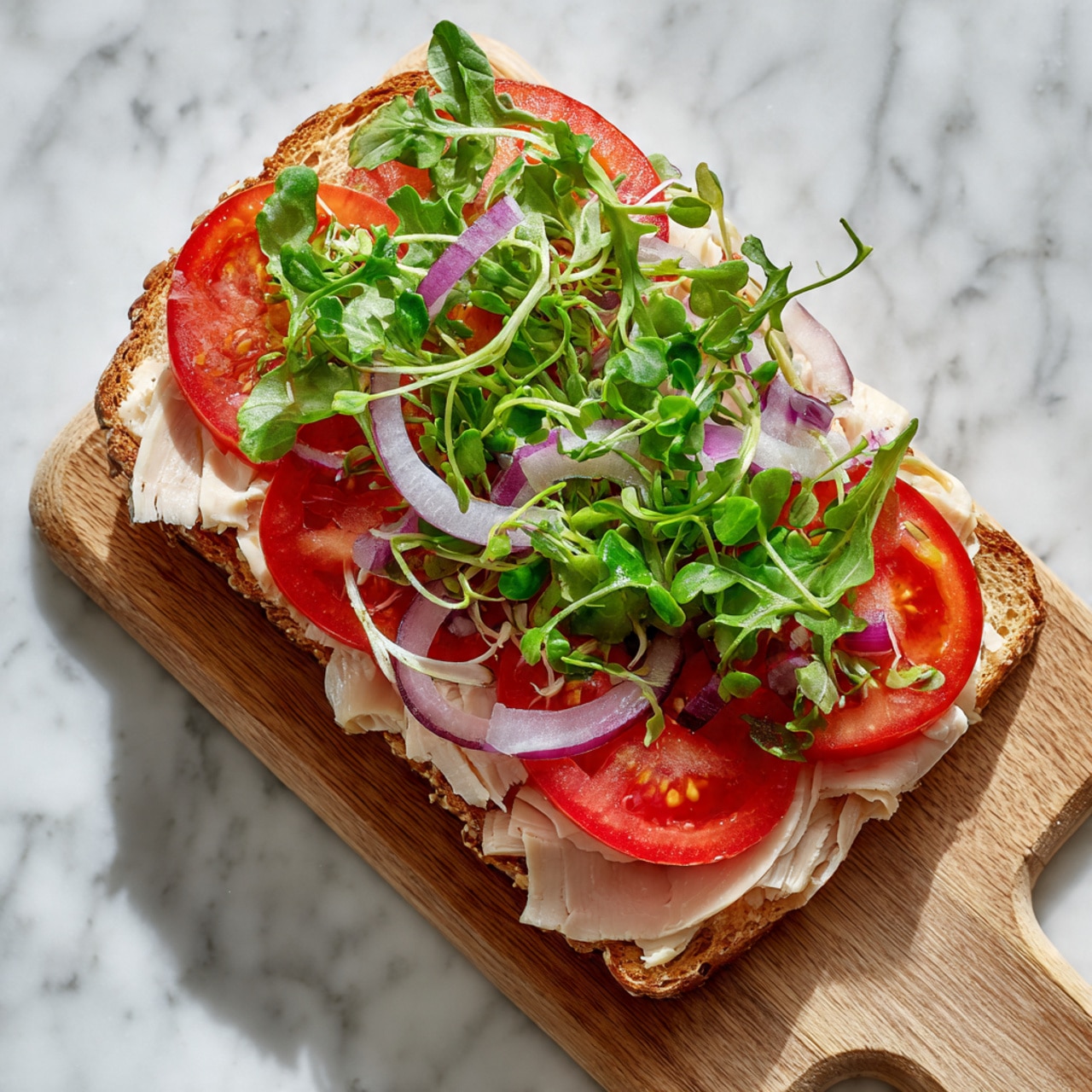 An open sandwich is placed on a light brown wooden board over a white marbled surface. The sandwich has one layer of light brown bread at the bottom, topped with pale creamy slices of turkey arranged evenly. Above that, there are vibrant red tomato slices laid out, followed by bright green leafy sprouts that cover most of the sandwich. On top, thinly sliced pale purple onions are spread across, adding a light texture and color contrast. The sandwich looks fresh and well layered. photo taken with an iphone --ar 4:5 --v 7