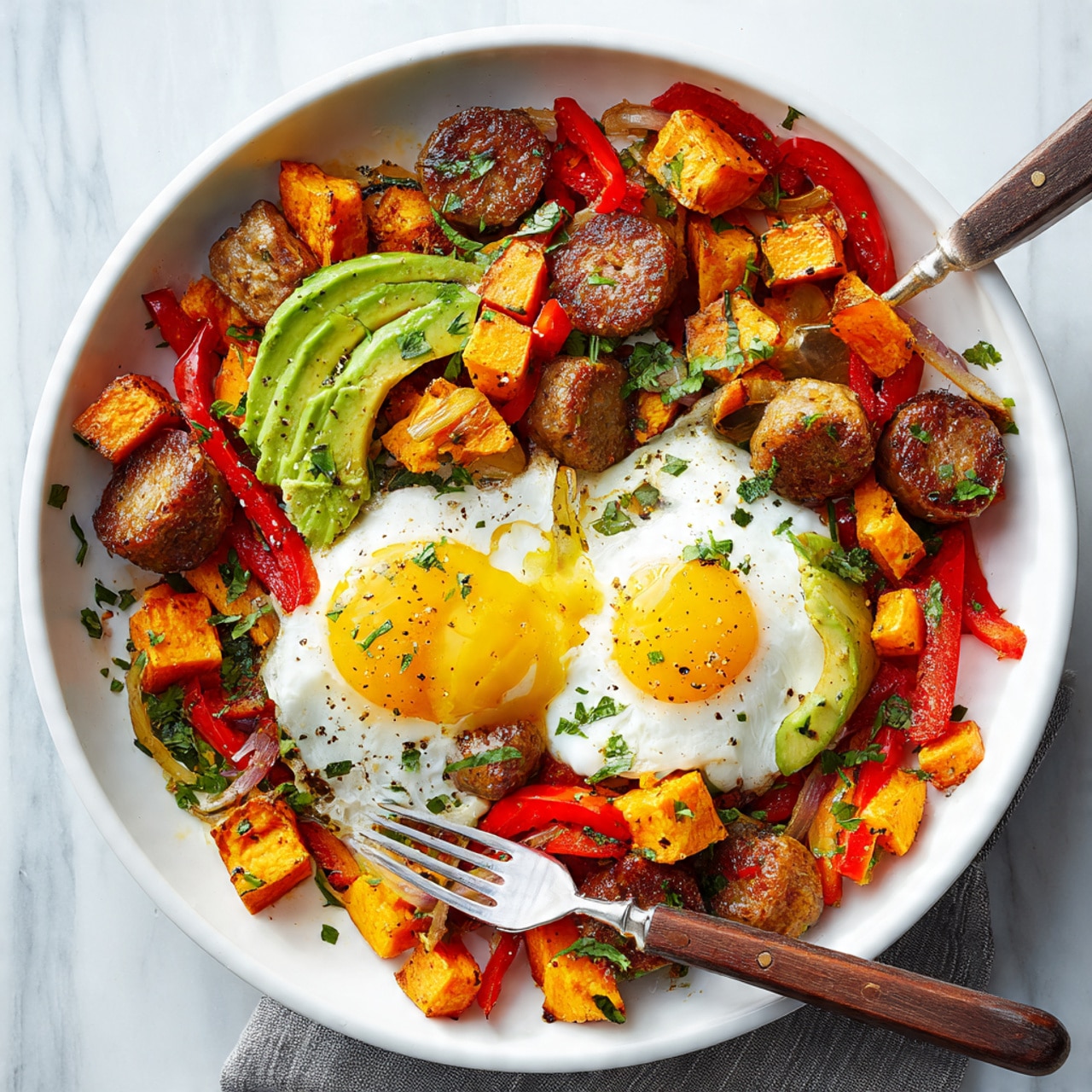 A white round skillet dish with four fried eggs evenly spaced on top, each egg showing bright yellow yolks surrounded by white, tender cooked egg whites. Around and under the eggs are layers of roasted orange sweet potato cubes, mixed with light brown cooked sausage pieces, and sautéed strips of red and green bell peppers along with translucent onion slices. Green avocado slices are carefully placed around and on top of the eggs and vegetables. The dish is sprinkled with fresh chopped green parsley for a touch of color. The skillet rests on a white marbled surface with three toasted golden-brown bread slices in the background, and a small white bowl with chopped herbs nearby. photo taken with an iphone --ar 4:5 --v 7